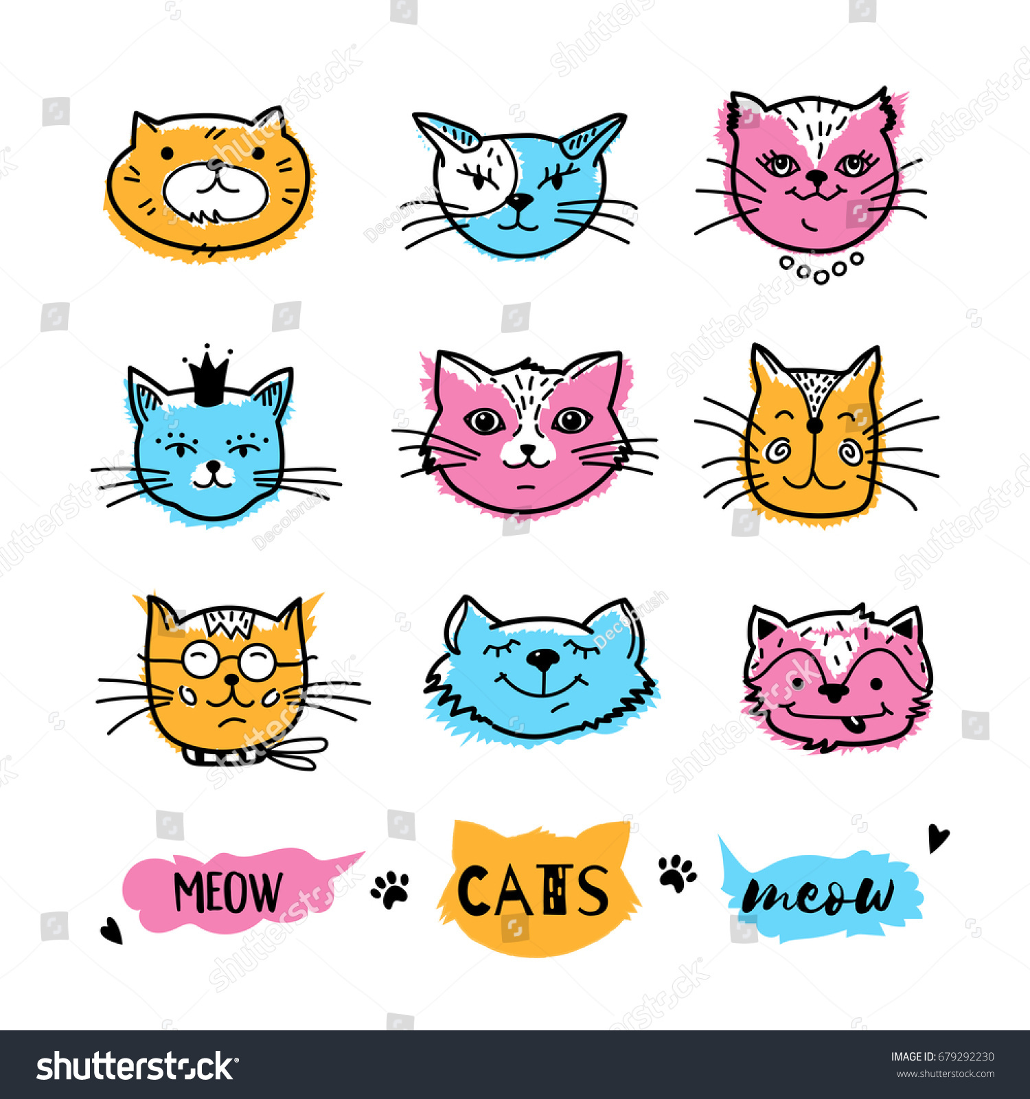 Cats Faces Cat Doodle Hand Drawn Stock Vector (Royalty Free) 679292230 ...