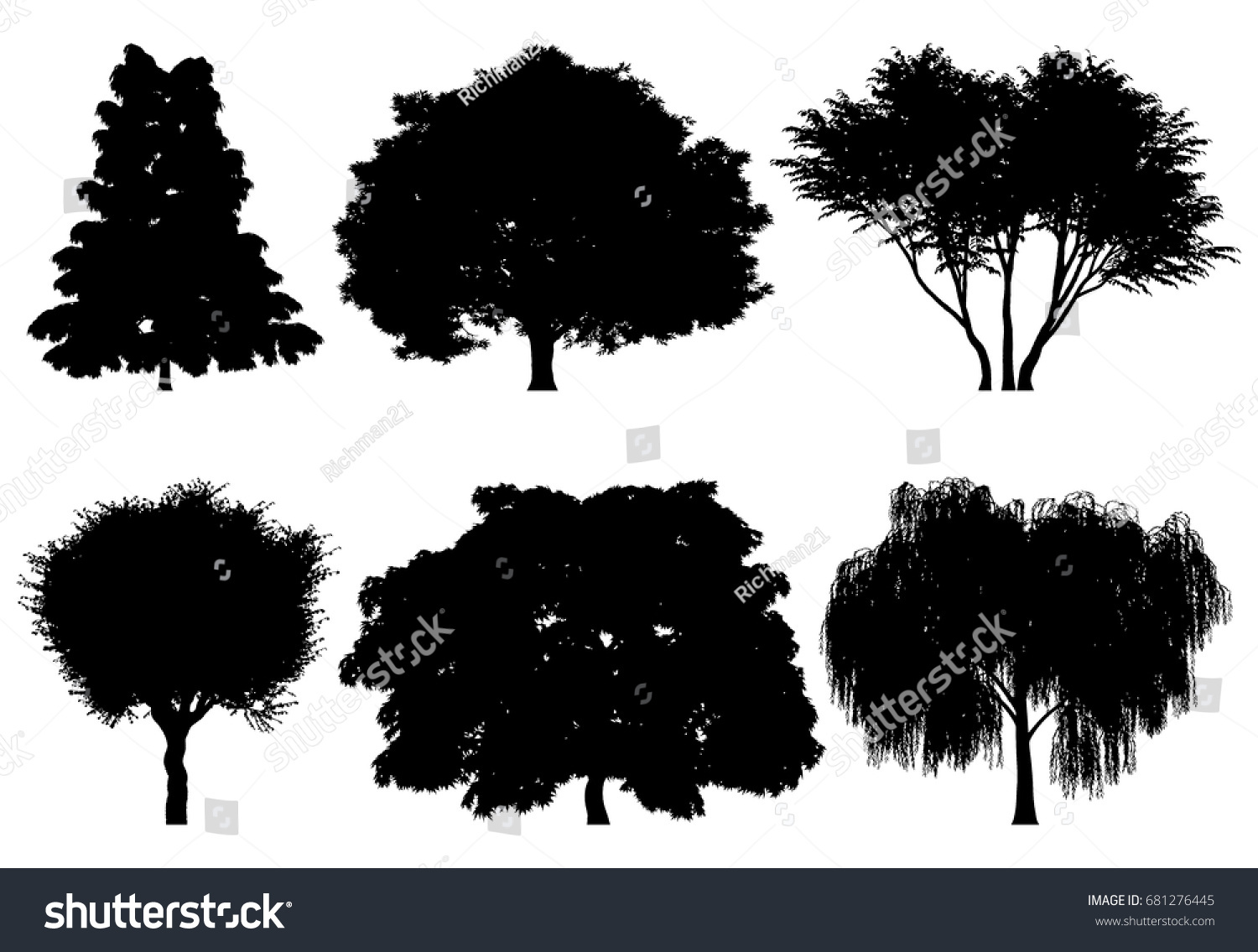 Vector Illustration Tree Silhouettes Architectural Compositions Stock ...