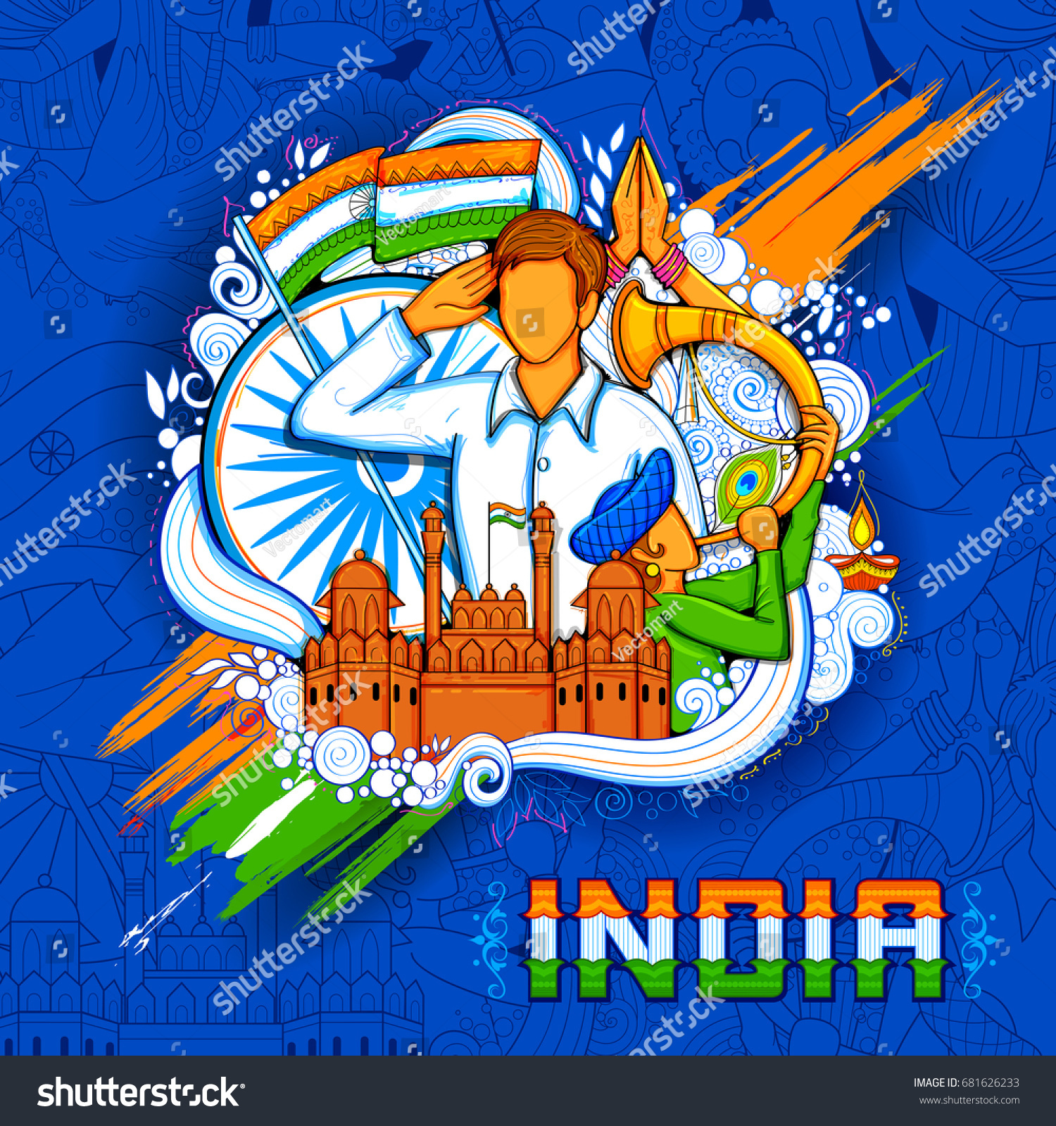 Illustration Indian Background People Saluting Famous Stock Vector ...