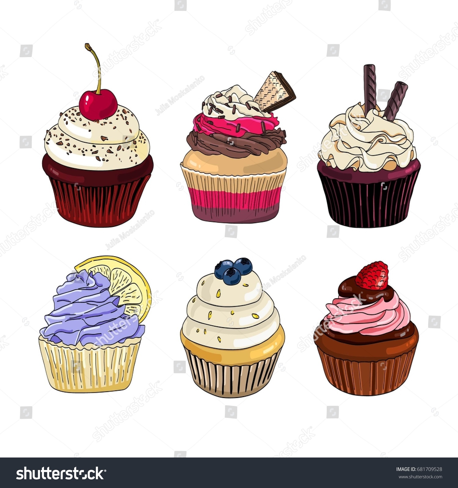 Set Cupcakes On White Background Stock Vector (Royalty Free) 681709528 ...