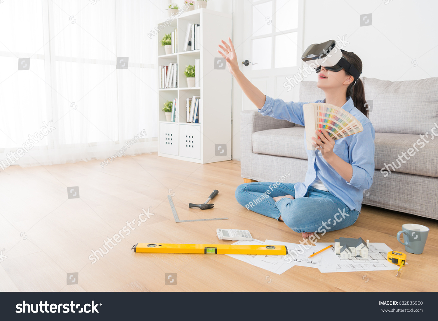 406 Virtual Remodel Design Images Stock Photos Vectors Shutterstock   Stock Photo Smiling Young Woman Wearing Vr Technology Goggles Viewing New House Design Sketch Drawing And 682835950 