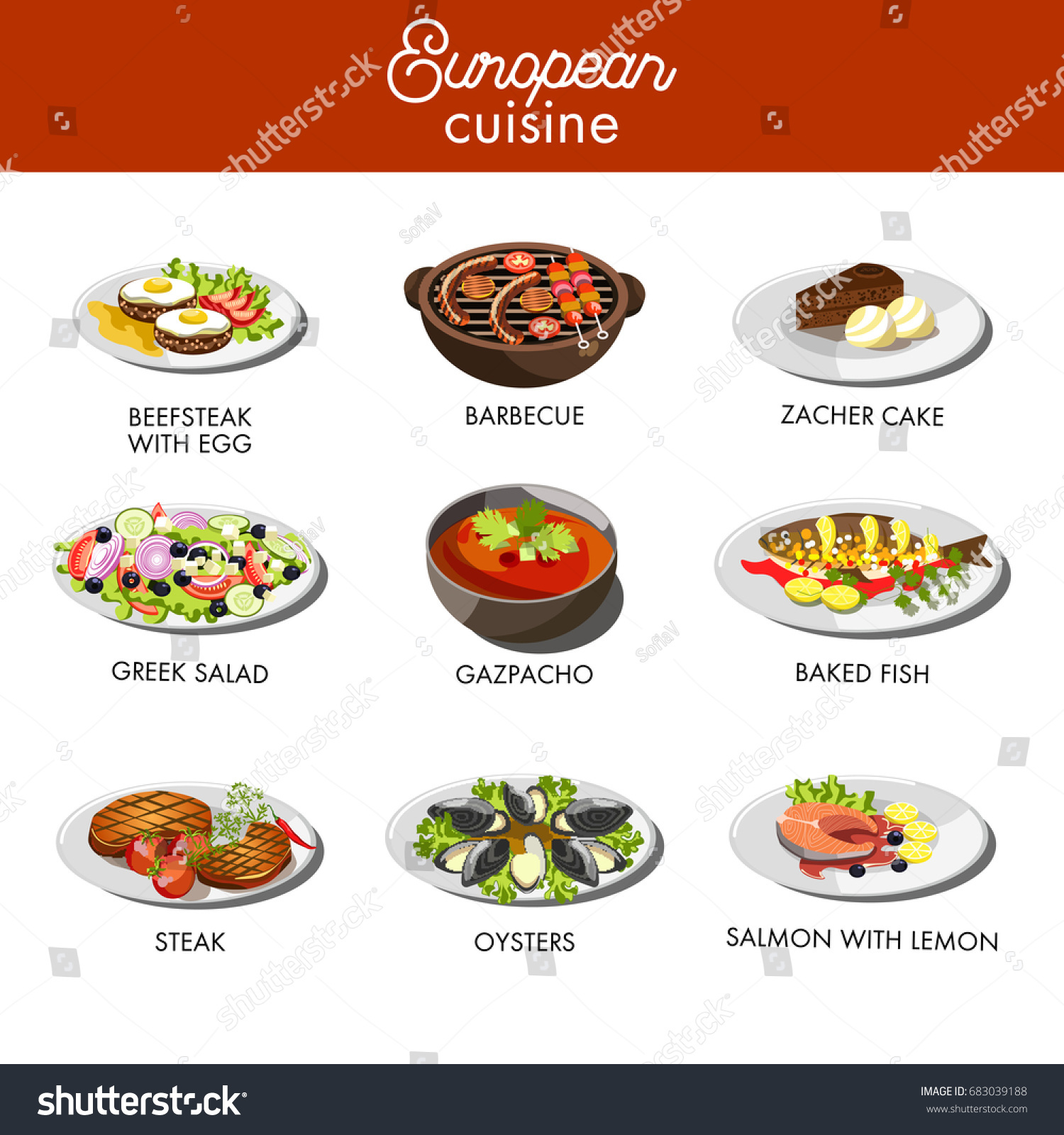 European Cuisine Food Dishes Restaurant Vector Stock Vector (Royalty ...