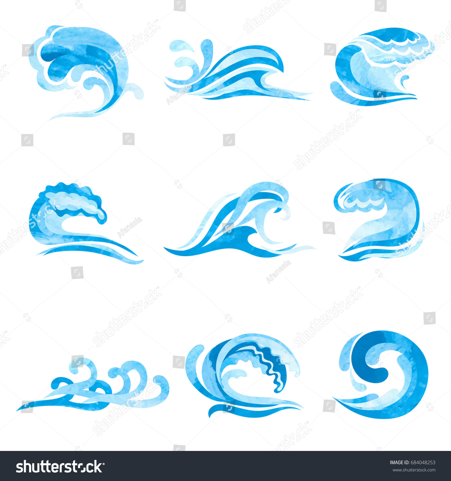 Set Watercolor Blue Ocean Sea Waves Stock Vector (Royalty Free ...