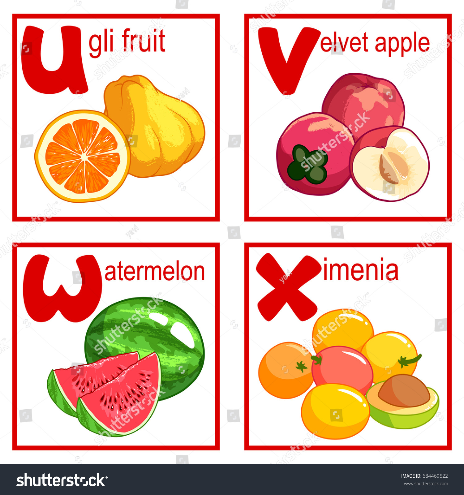 Alphabet Cute Fruits Letters U X Stock Vector (Royalty Free) 584141431 | Shutterstock