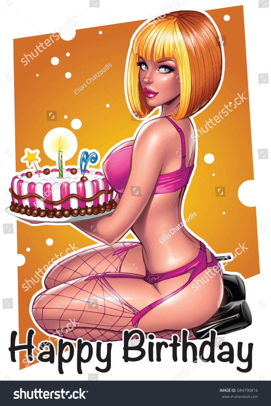 Sexy Pinup Girl Holding Birthday Cake: стоковая векторная графика (без лице...