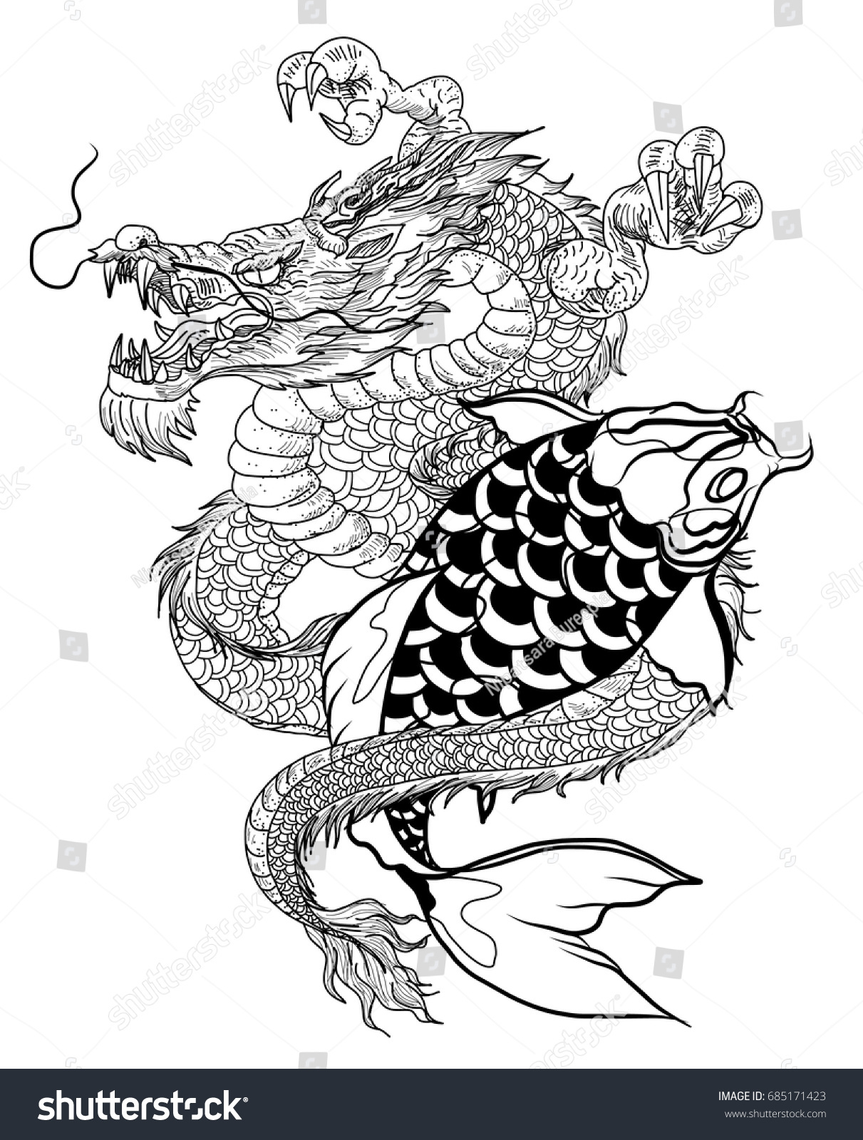 Hand Drawn Dragon Koi Fish Flower Stock Vector (Royalty Free) 685171423 ...