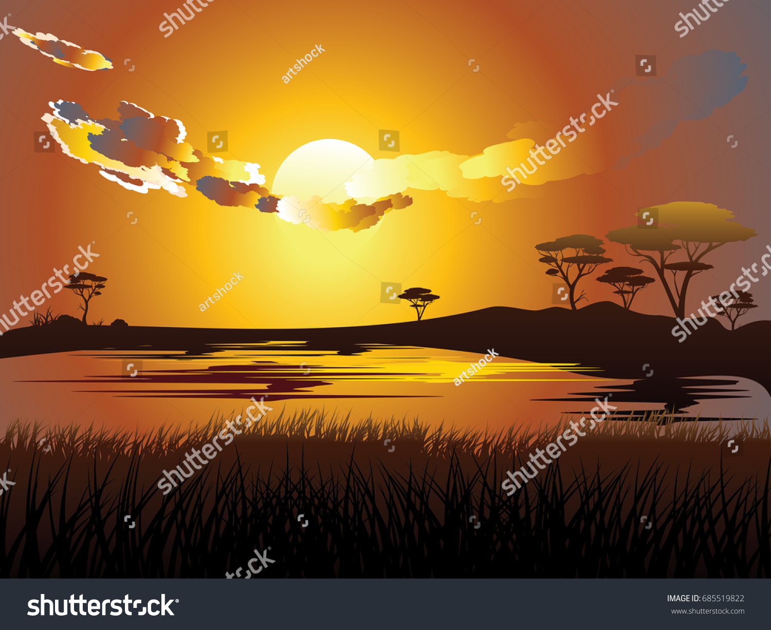 Colorful Sunset Scene African Landscape Silhouette Stock Vector