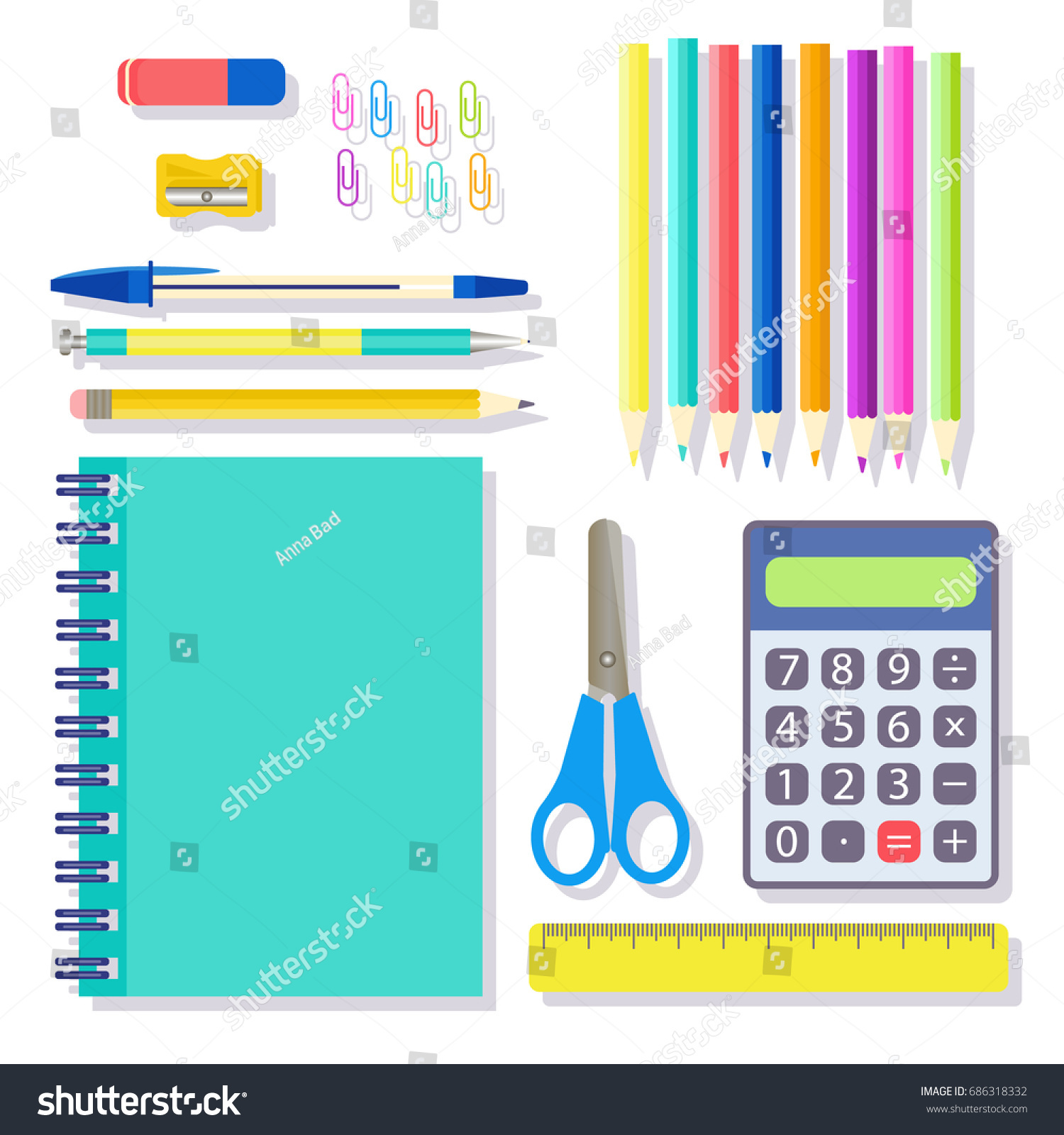 School Student Office Stationary Supplies Kit Stock Vector (Royalty ...