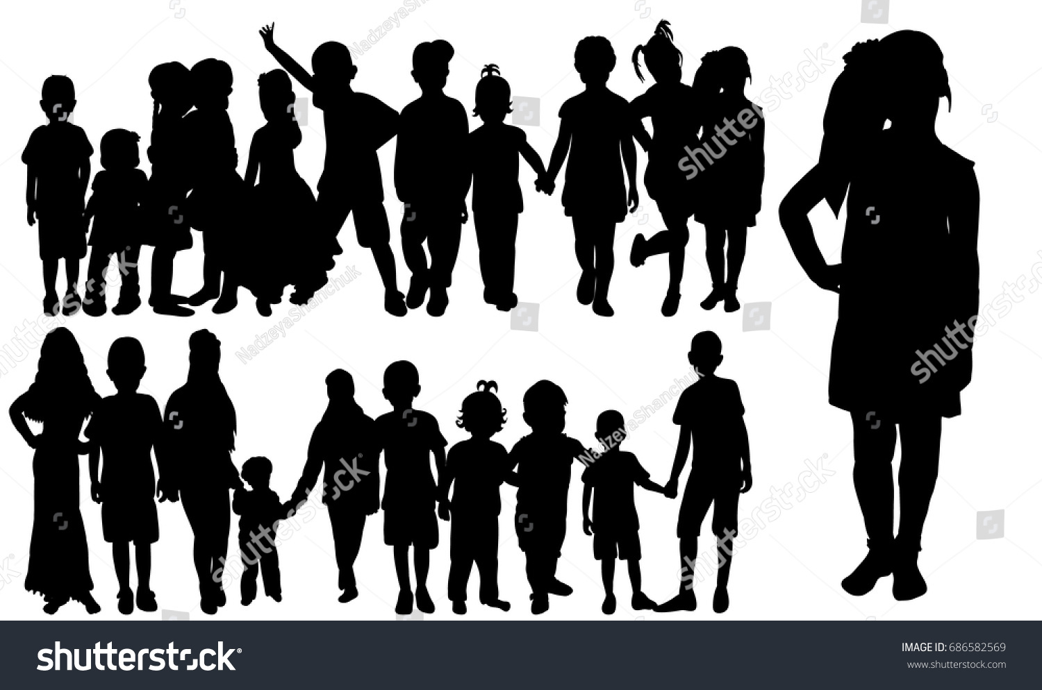 Vector Isolated Silhouette Children Set Group Stock Vector (Royalty ...