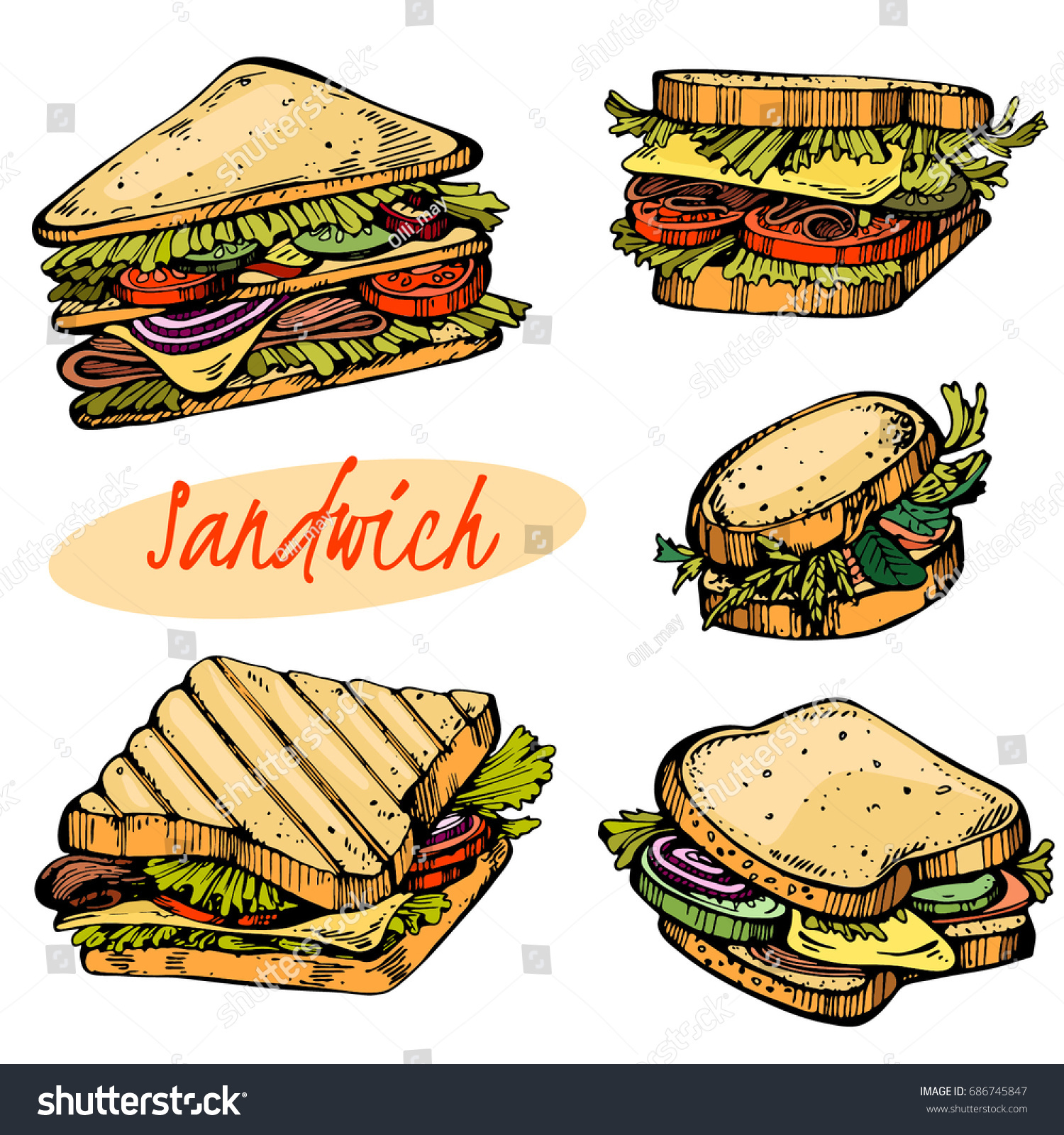 Colour Set Hand Drawn Sandwiches Stock Vector (Royalty Free) 686745847