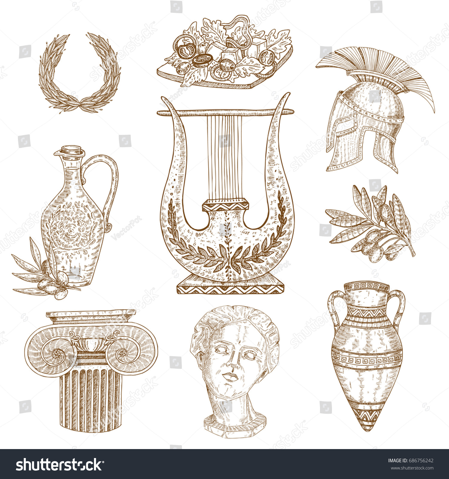 Set Nine Isolated Drawn Greece Ancient Stock Vector (Royalty Free ...