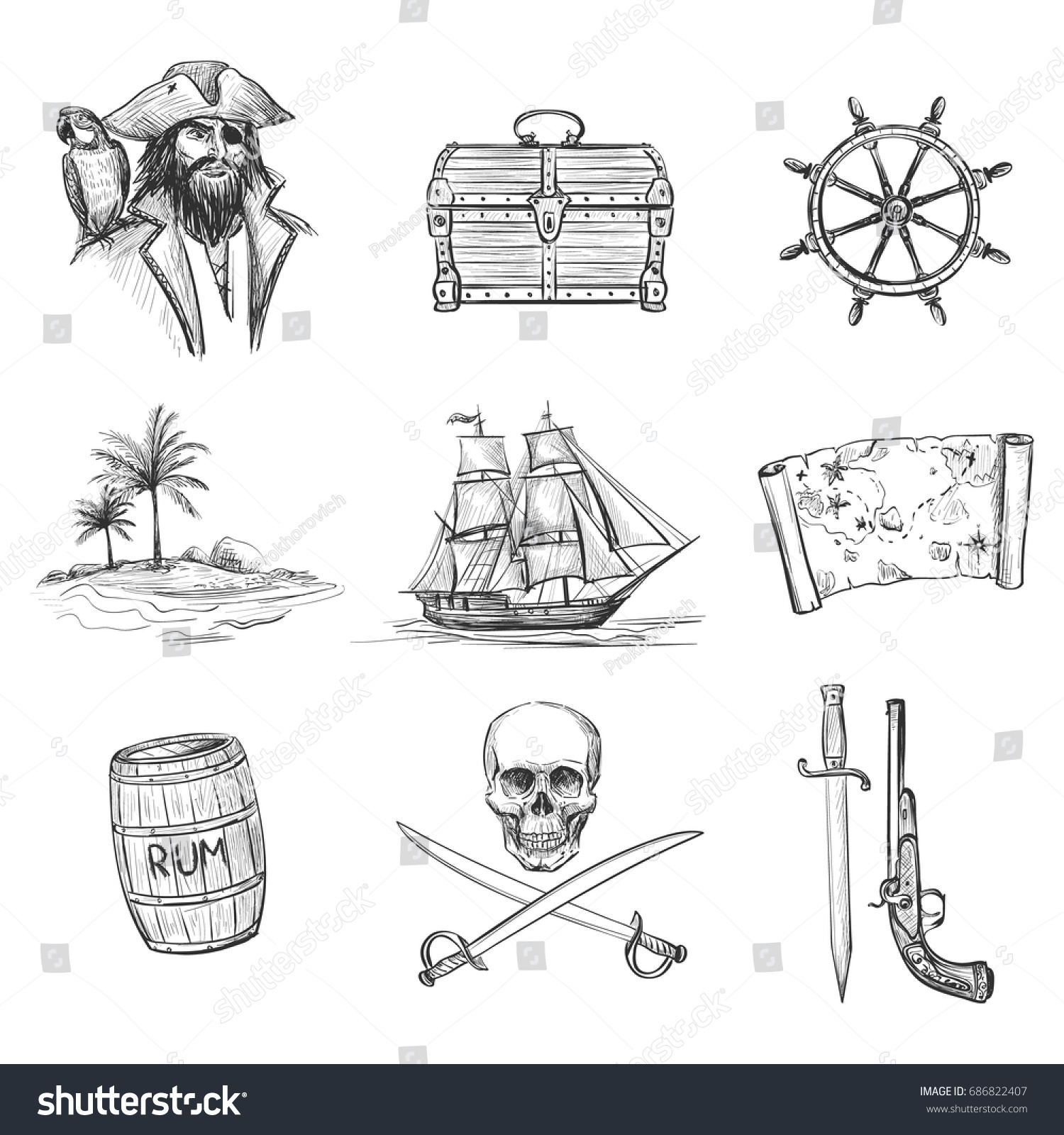 Qualitative Vector Sketches Pirate Adventures Hand Stock Vector ...