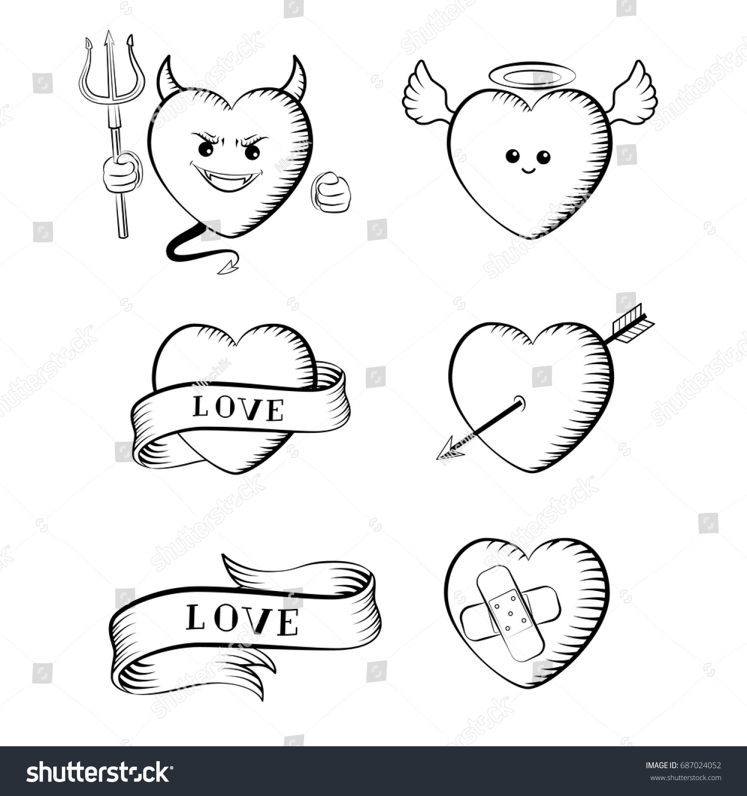 Tattoo Set Isolated Tattoo Hearts Devil Stock Vector (Royalty Free ...