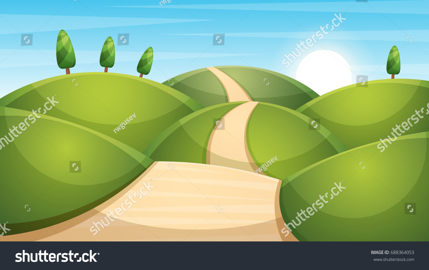 Cartoon Landscape Illustration Sun Cloud Mountain Stock Vector (Royalty ...