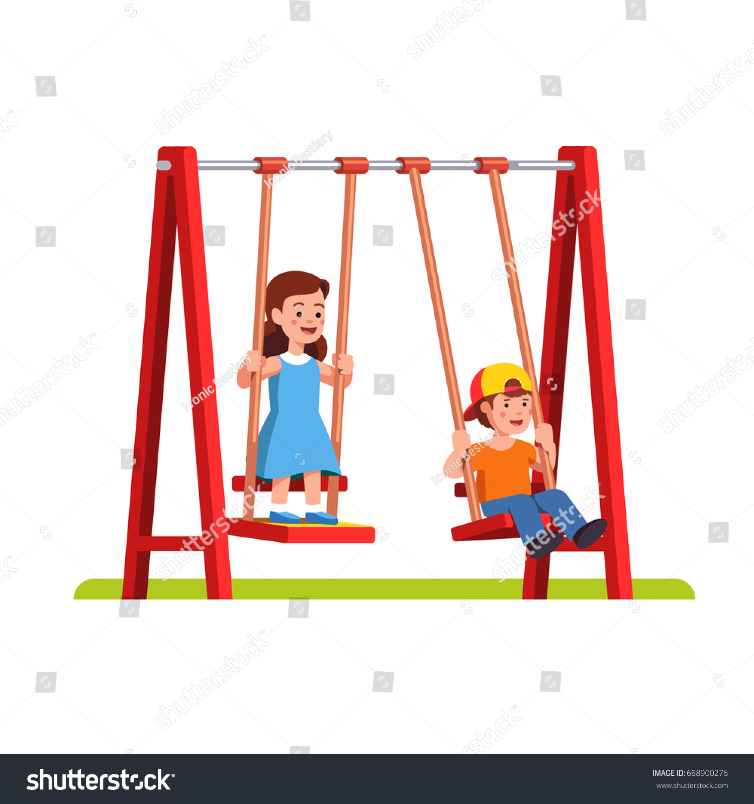 Мальчик и девочка качаются на качелях