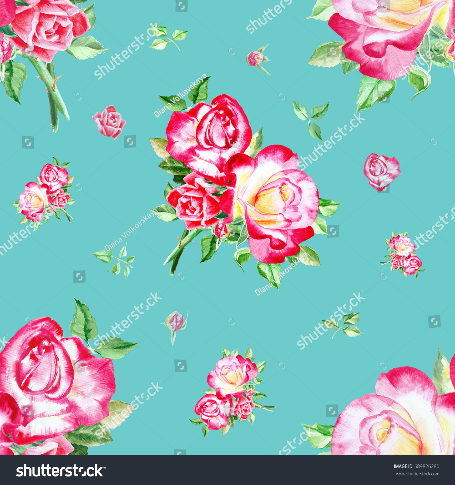 Seamless Watercolor Pink Roses Pattern Bouquet Stock Illustration