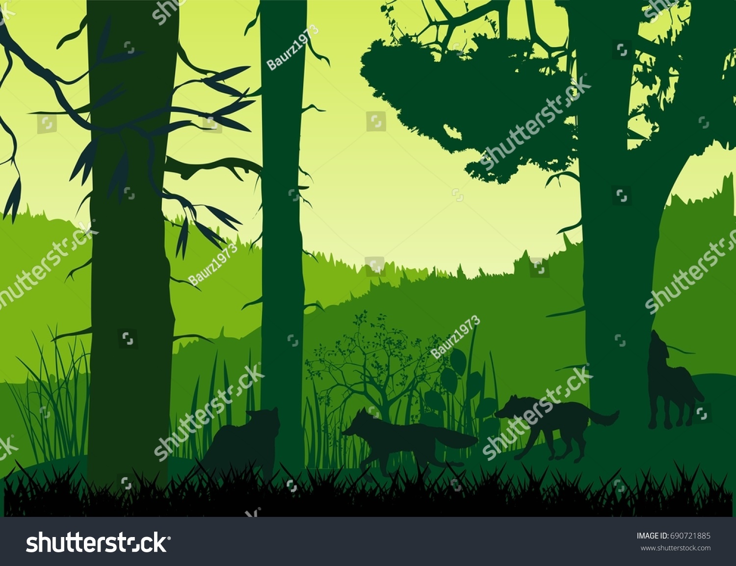 Wolves Pack Silhouettes Forest Silhouette Vector Stock Vector (Royalty ...