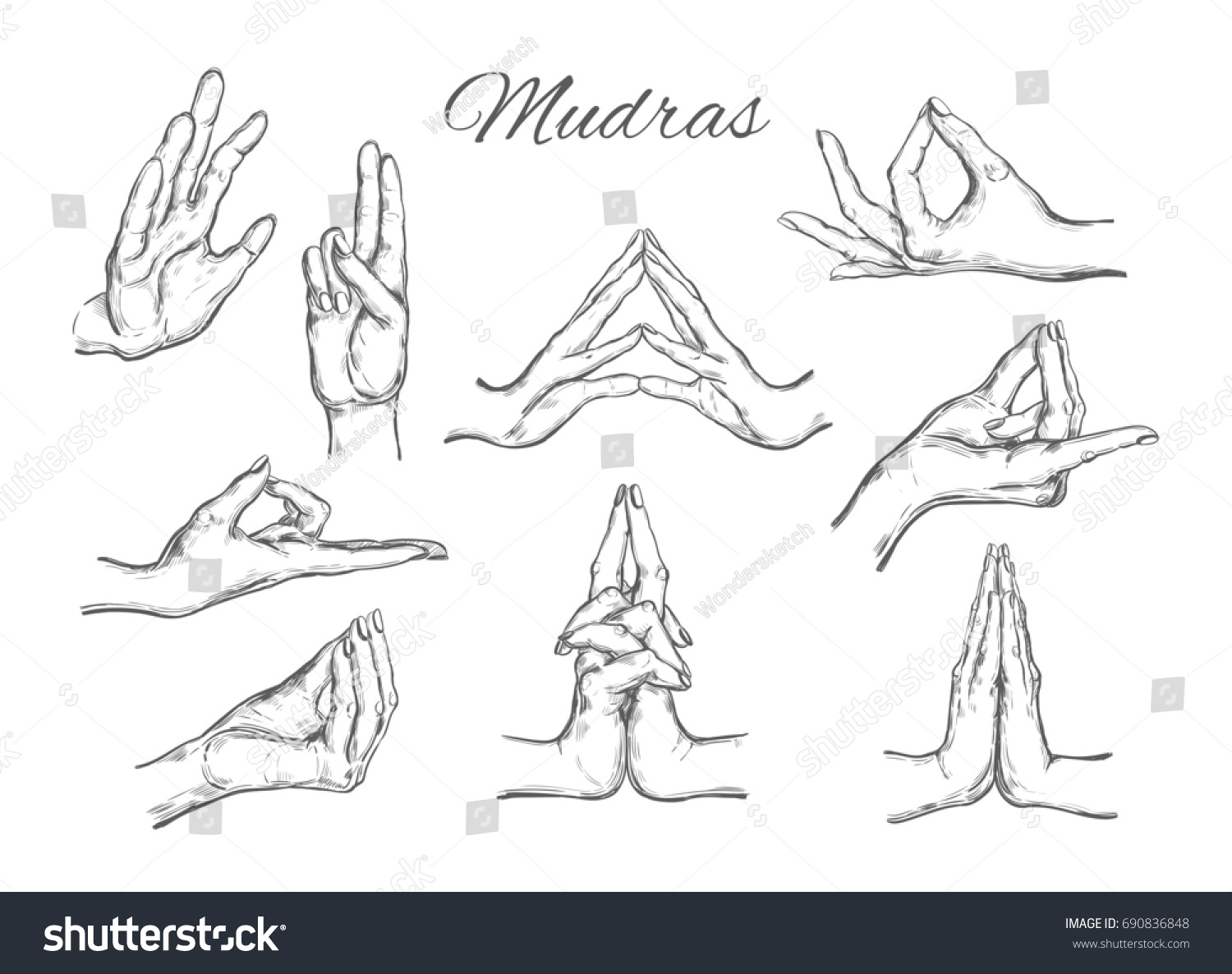 Hand Drawn Set 9 Mudras Isolated Stock Illustration 690836848 ...