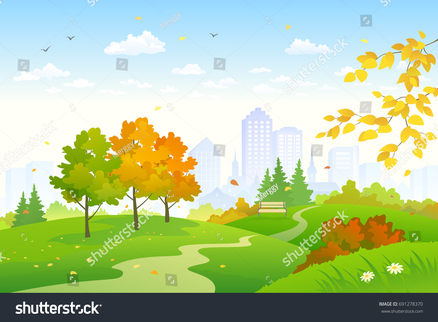 Vector Cartoon Drawing Colorful Autumn City Stock Vector (Royalty Free ...