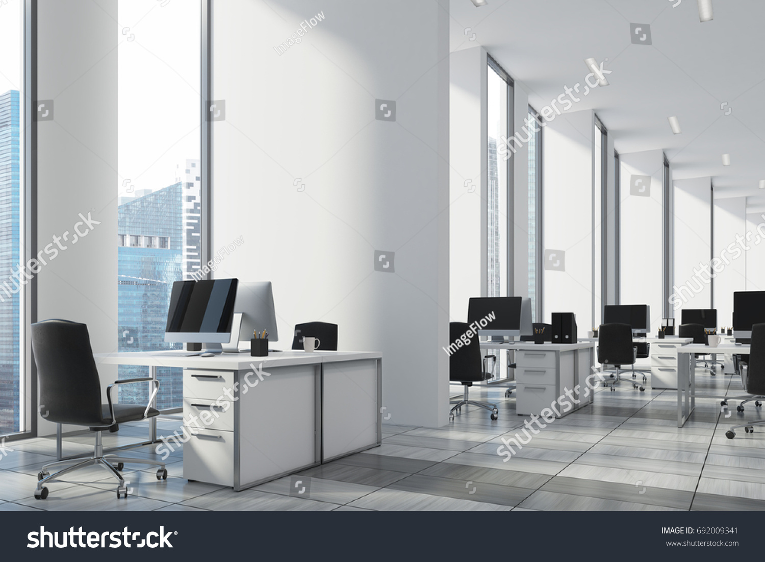 White Open Office Narrow Tall Windows Stock Illustration 692009341 ...