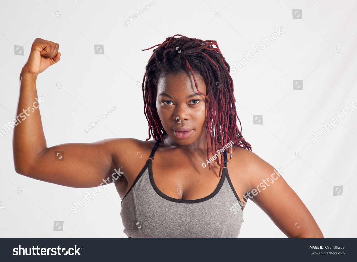 Pretty Black Woman Exercise Outfit Flexing Stock Photo 692439259 ...