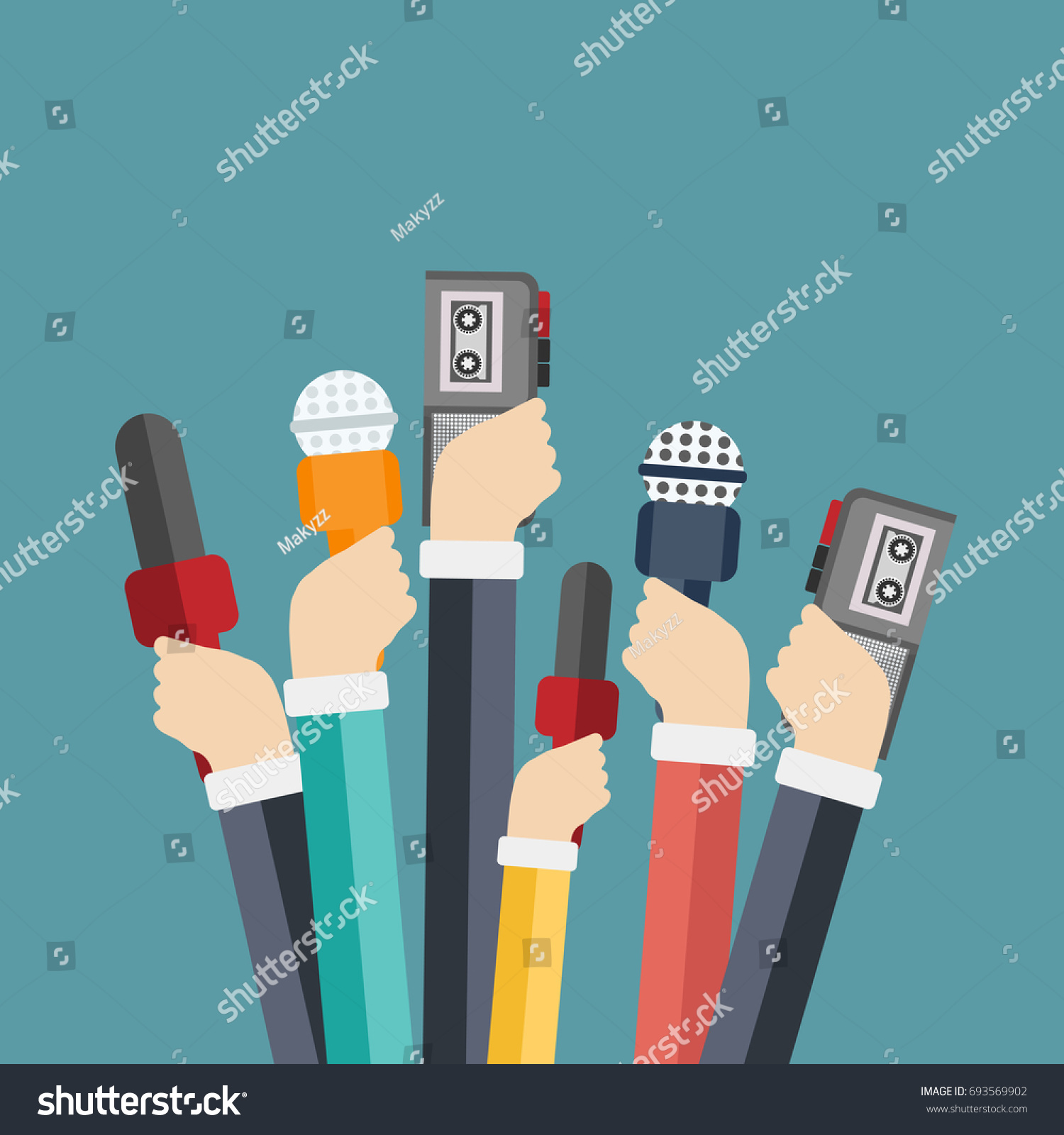 Microphones Reporter Hands Set Microphones Recorders Stock Vector ...