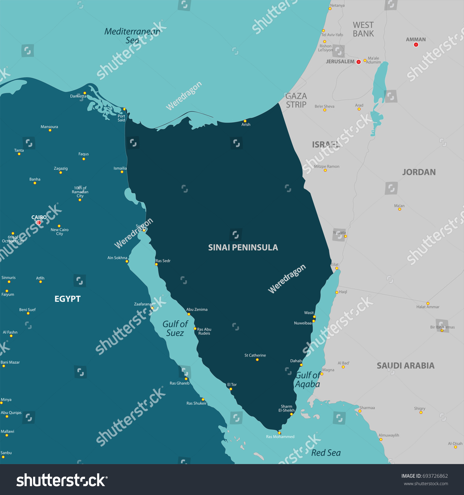 Vector Map Sinai Peninsula Countries Big   Stock Vector Vector Map Of Sinai Peninsula With Countries And Big Cities 693726862 