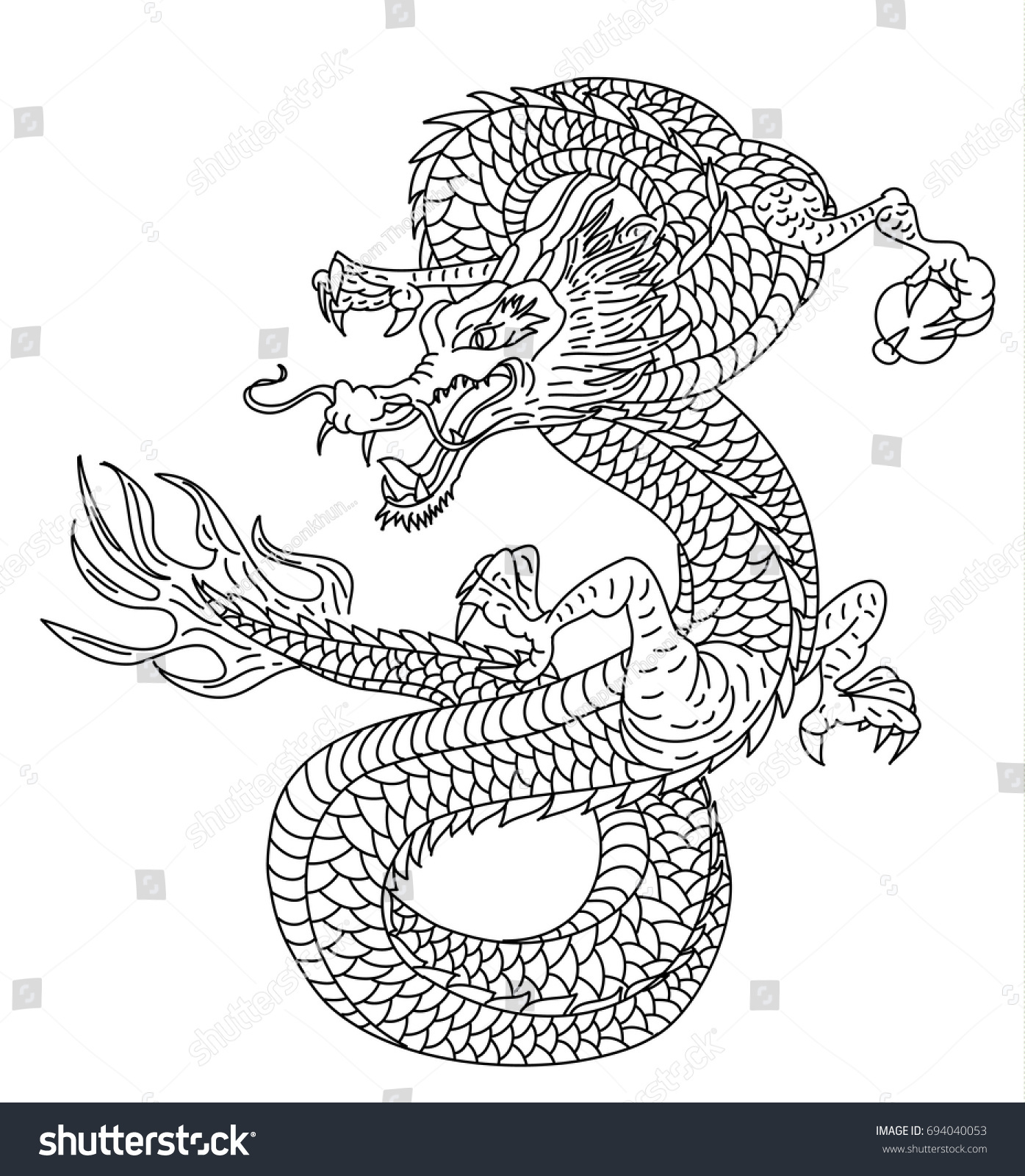 Japanese Dragon Line Drawing On White Stock Vector (Royalty Free ...