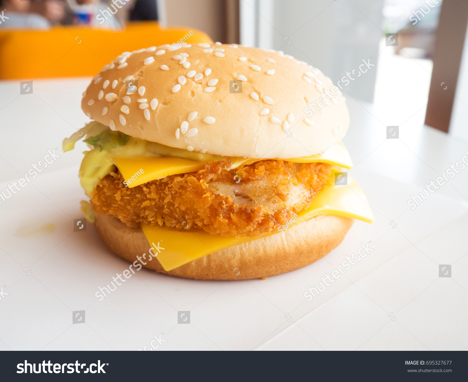 Fresh Double Cheese Fried Fish Burger Stock Photo 695327677 