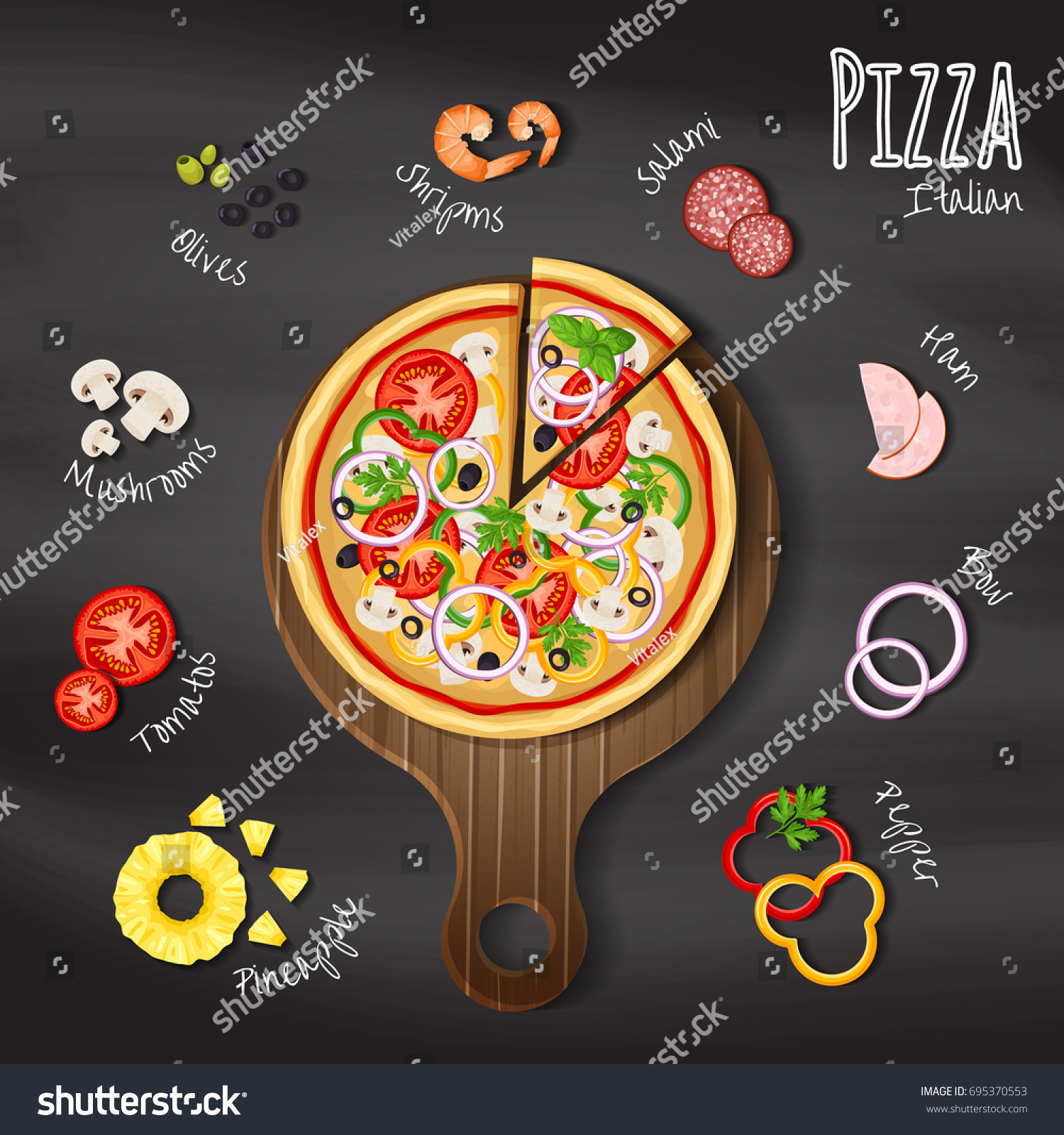 Pizza On Wood Cutting Board On Stock Vector (Royalty Free) 695370553 ...