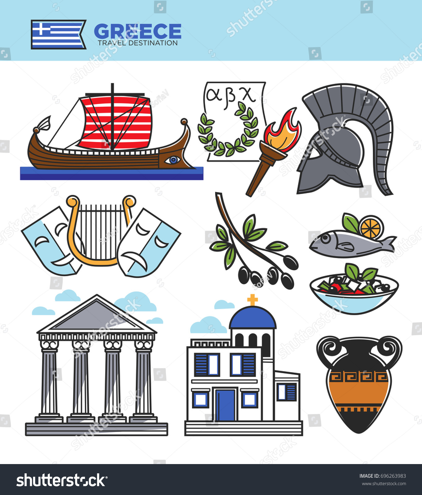 Greece Travel Tourism Landmark Symbols Greek Stock Vector (Royalty Free ...