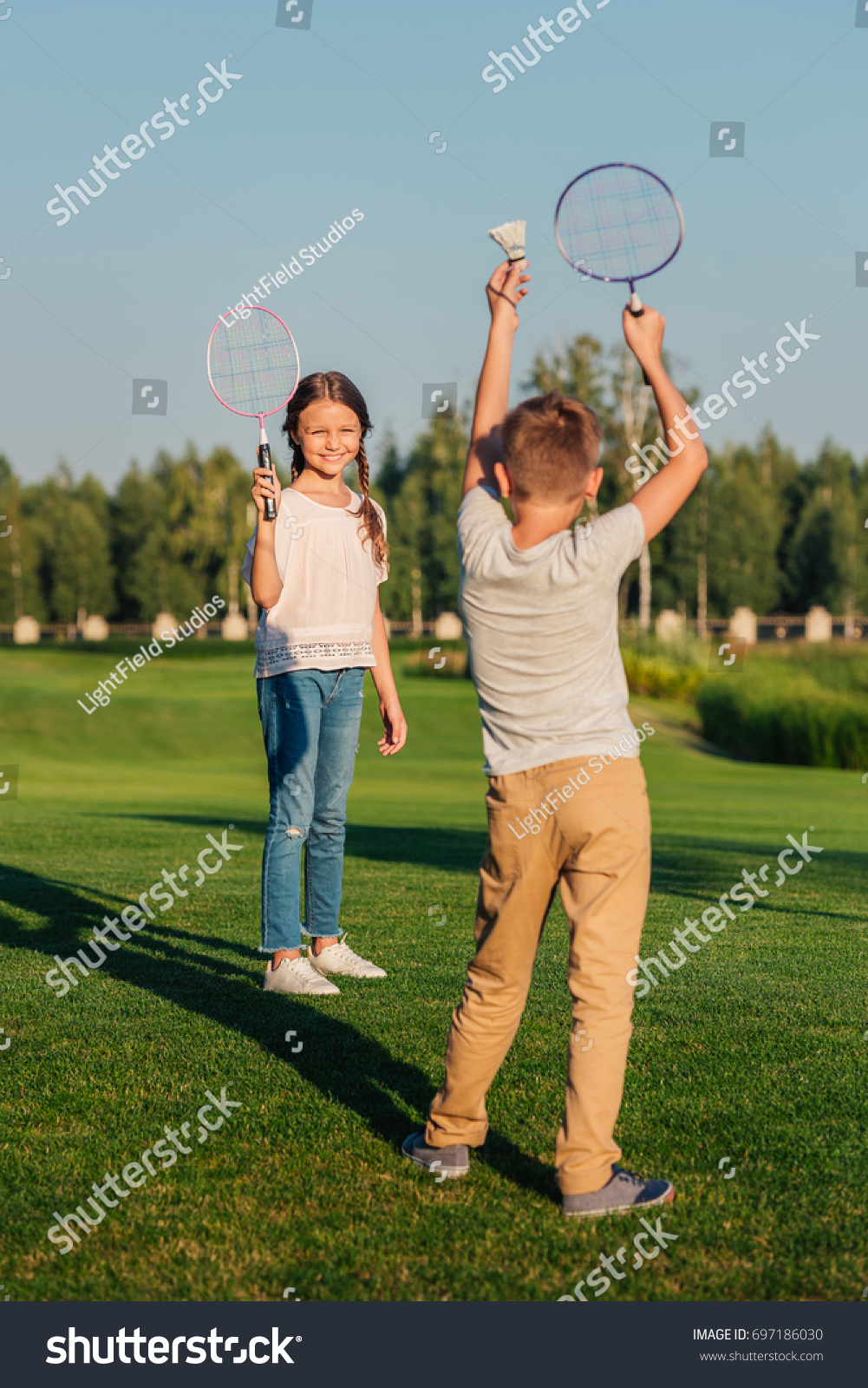 Little Children Playing Badminton Together Park Stock Photo 697186030 ...