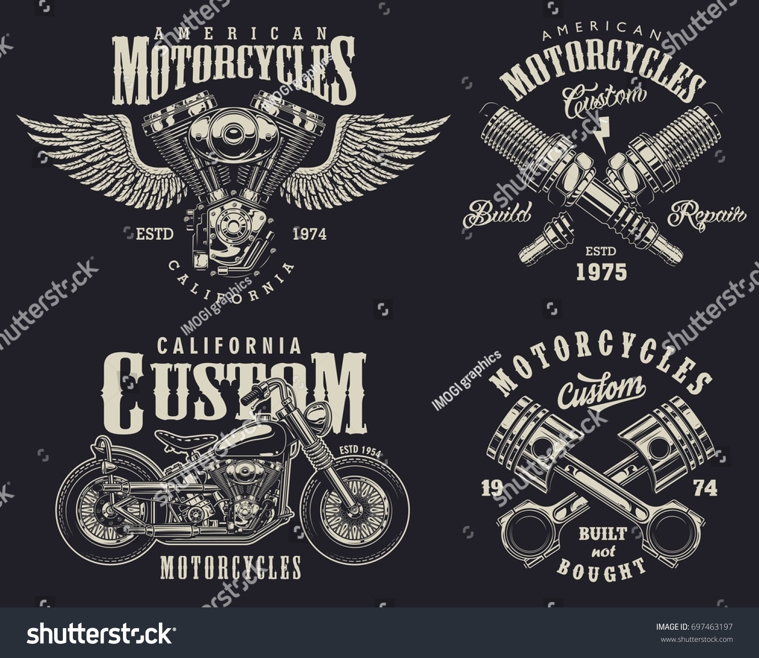 Set Vintage Custom Motorcycle Emblems Labels Stock Vector (Royalty Free ...