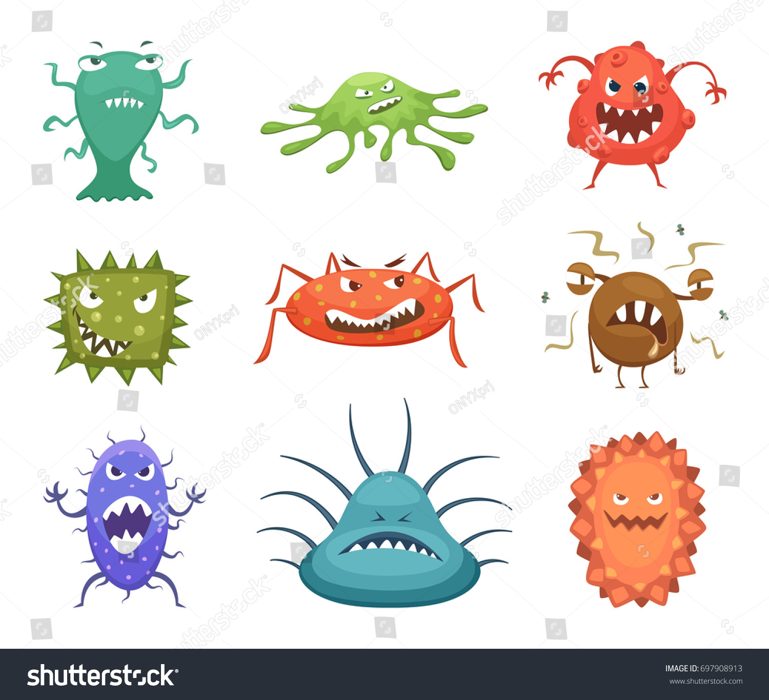 Different Cartoon Viruses Mascots Flu Microbes Stock Illustration ...