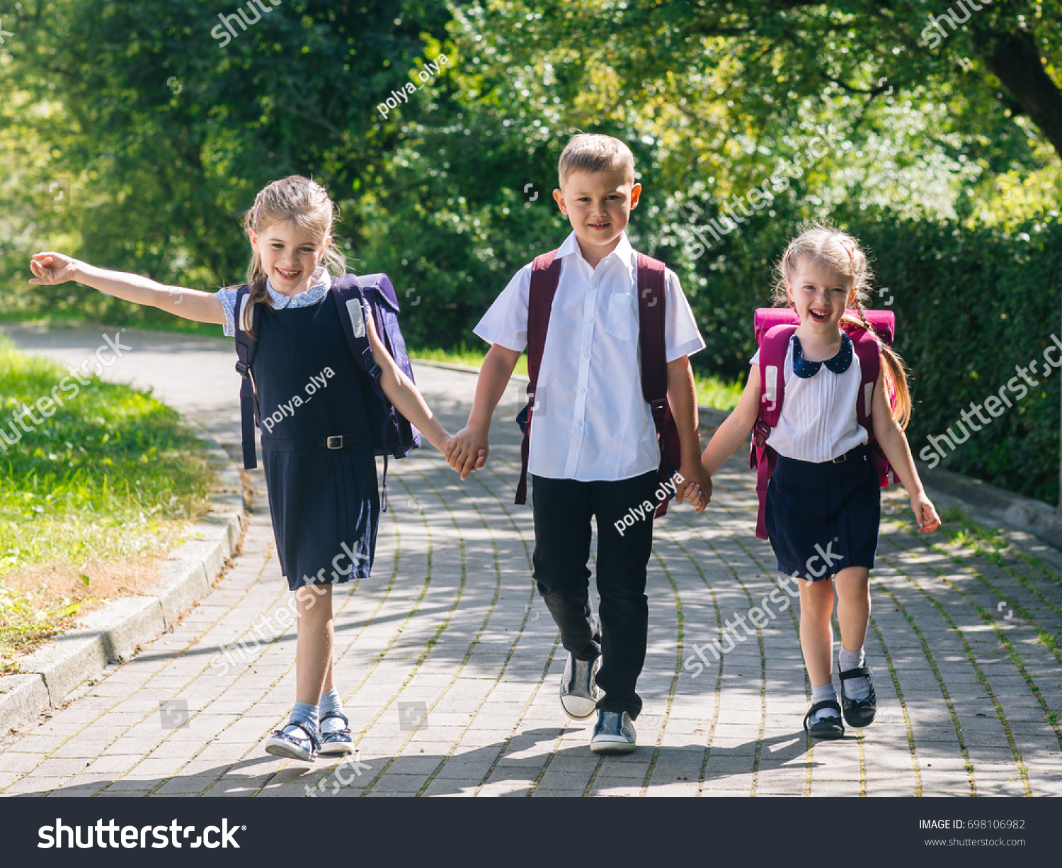 Happy School Children Uniform School Bags Stock Photo 698106982 ...