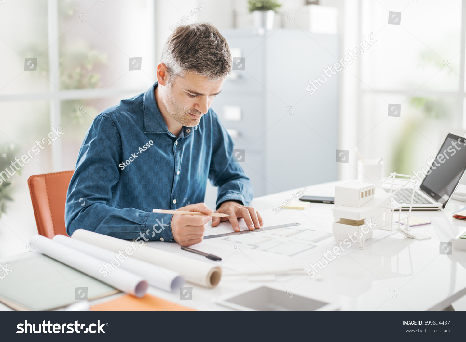 Professional Architect Working Office Desk He Stock Photo 699894487 ...