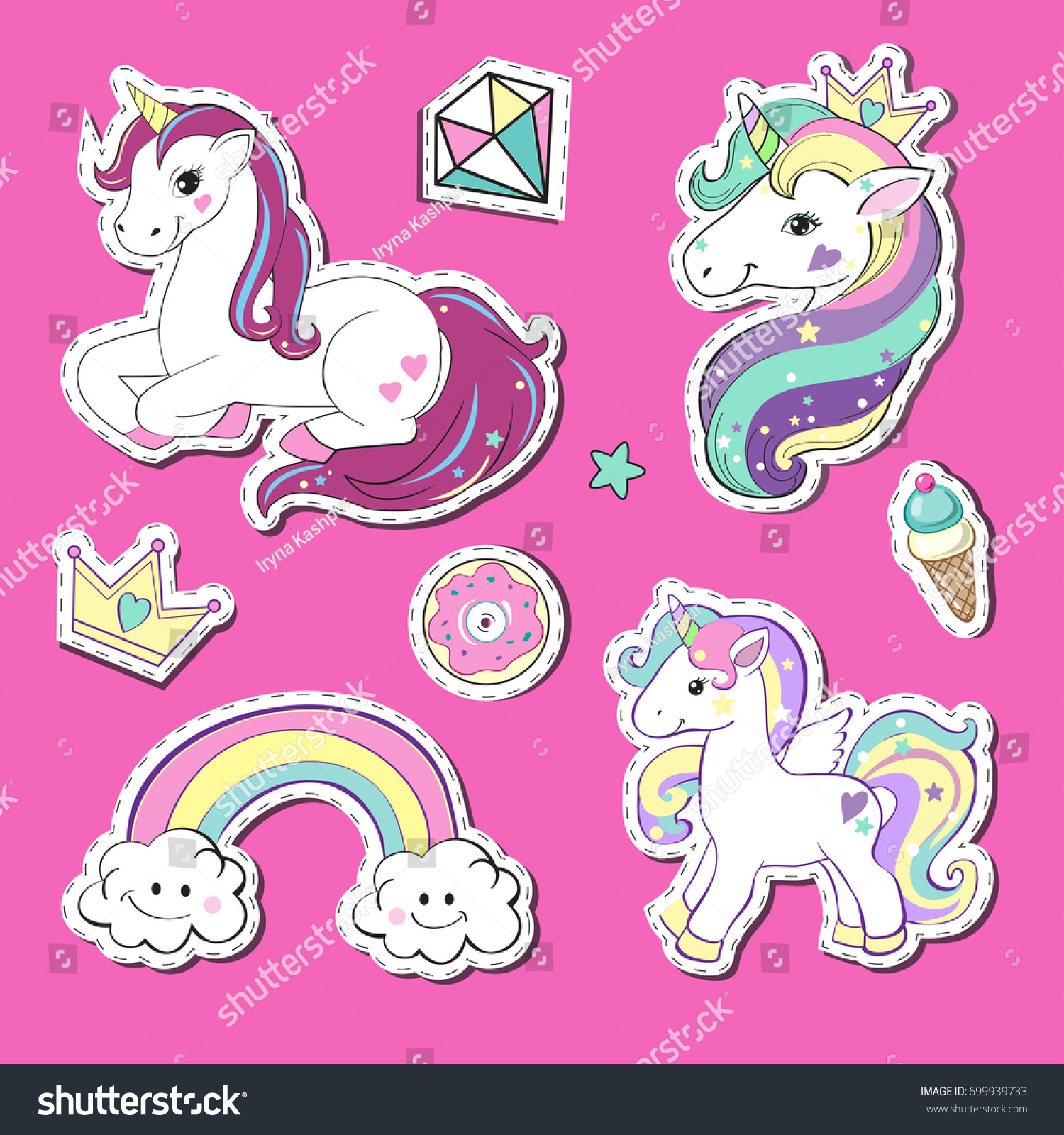 Stickers Unicorns Rainbow Collection On Pink Stock Vector (Royalty Free ...