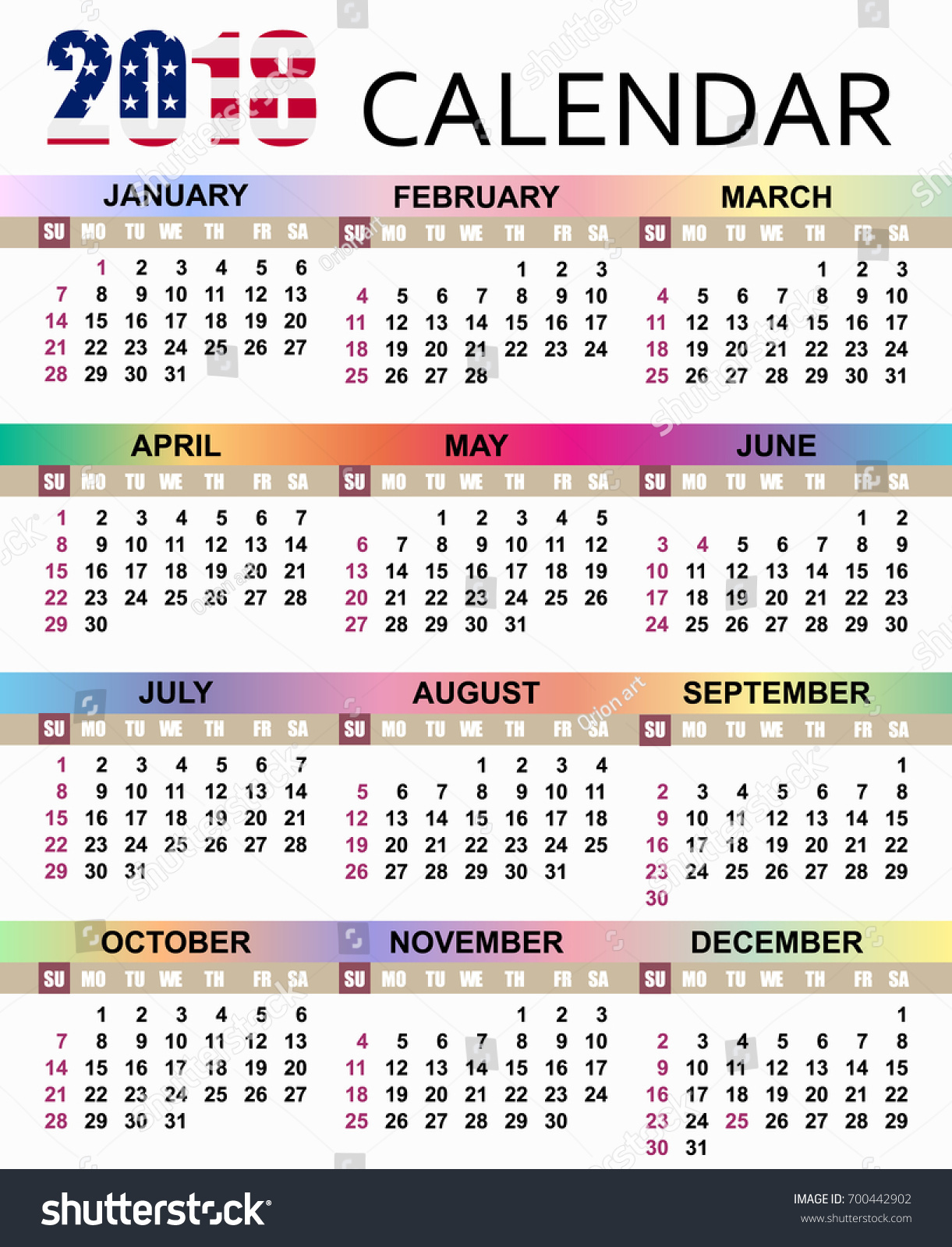 European Calendar 2018 Template Week Starts Stock Vector (Royalty Free ...