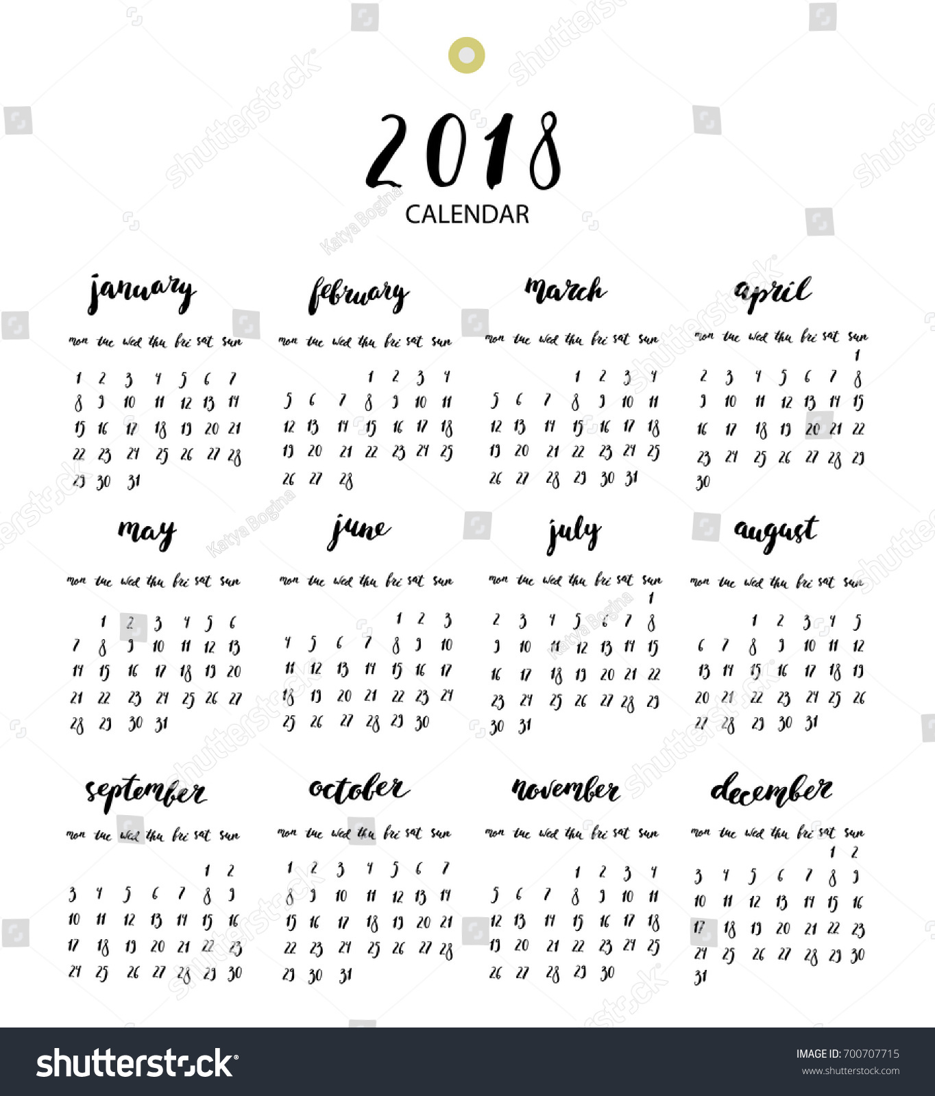 Hand Written Ink Calendar Year 2018 Stock Vector (Royalty Free ...