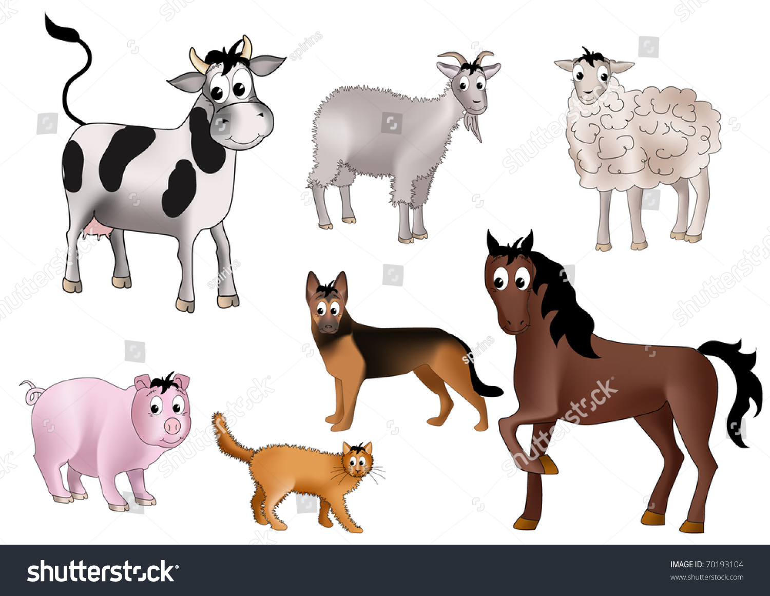 Корова, свинья, лошадь, коза, овца (баран), кот, собака.