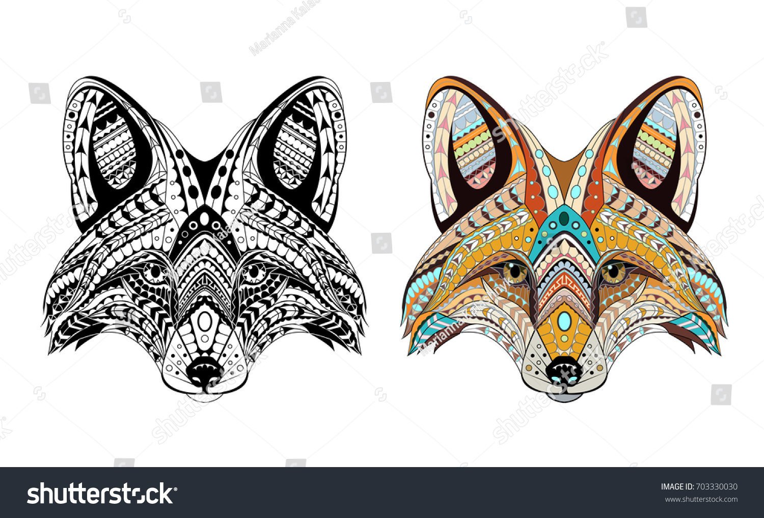 Patterned Head Fox Adult Antistress Coloring Stock Vector (Royalty Free