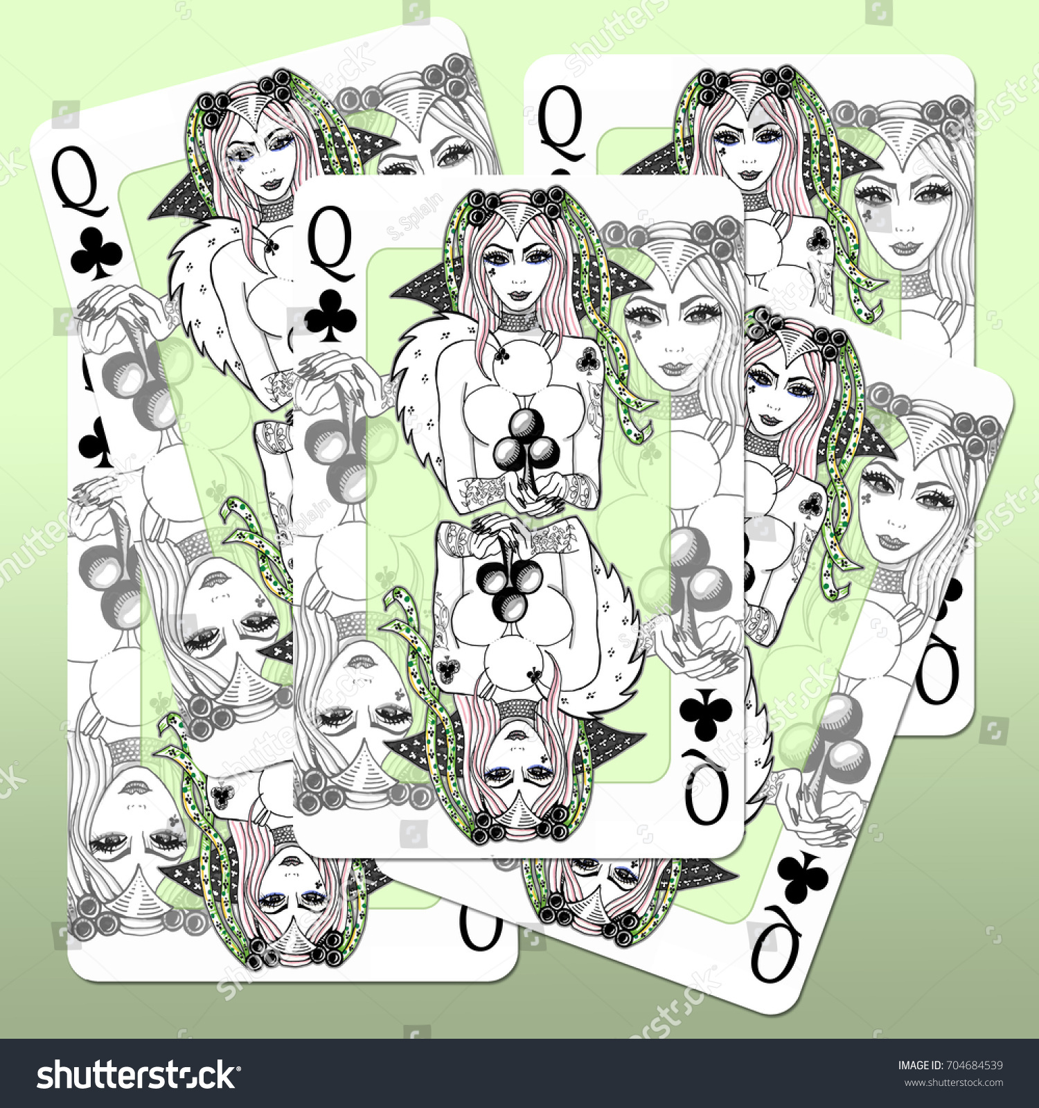 Queens Clubs Playing Card Design Hand Stock Illustration 704684539