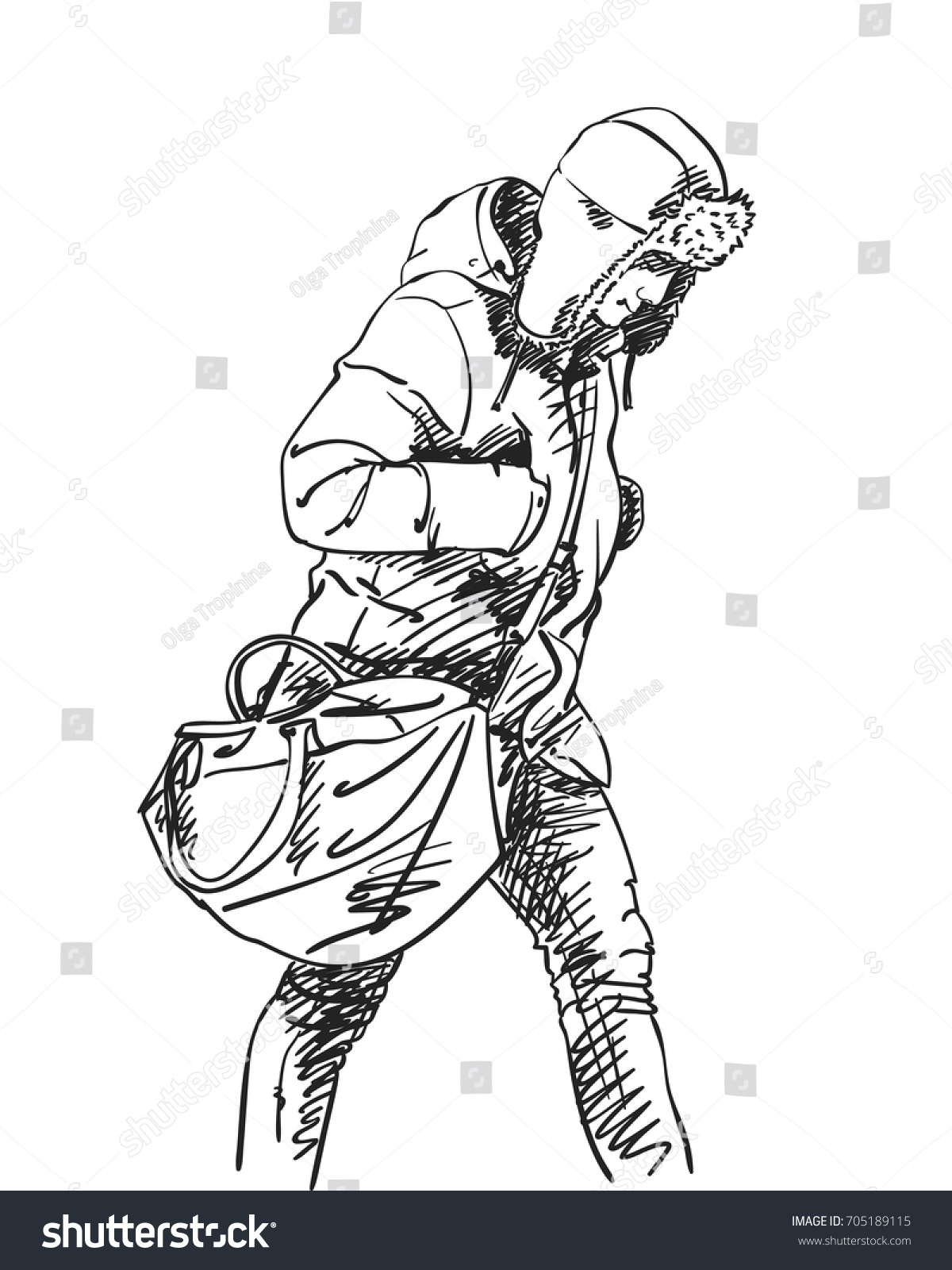 Sketch Walking Man Big Bag Winter Stock Vector (Royalty Free) 705189115 ...
