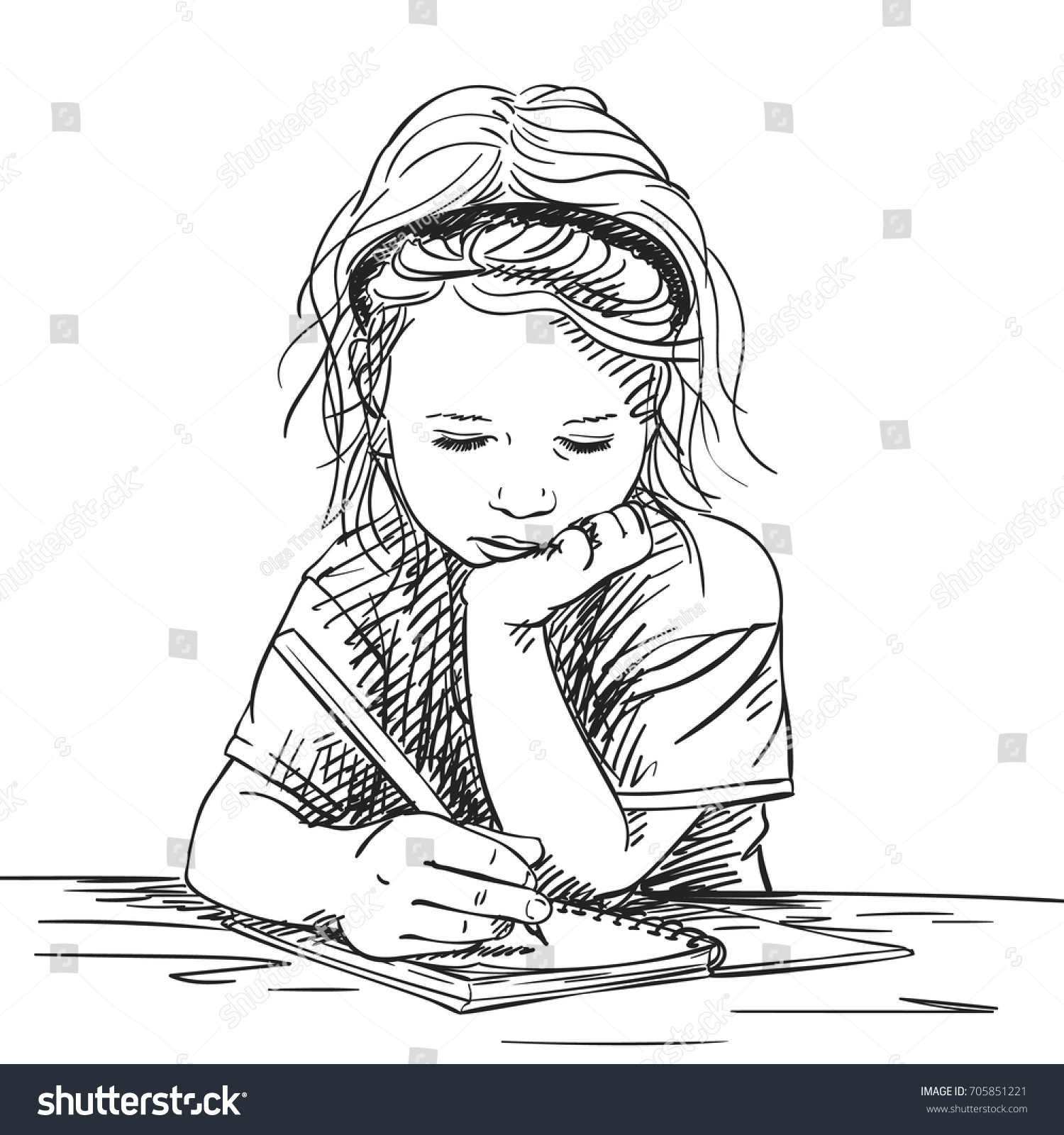 Child Girl Writing Note Book Chin Stock Vector (Royalty Free) 705851221 ...