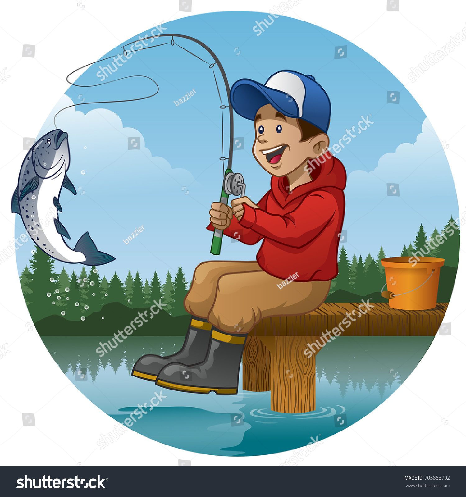 Cartoon Boy Enjoying Fishing Lake Stock Vector (Royalty Free) 705868702 ...