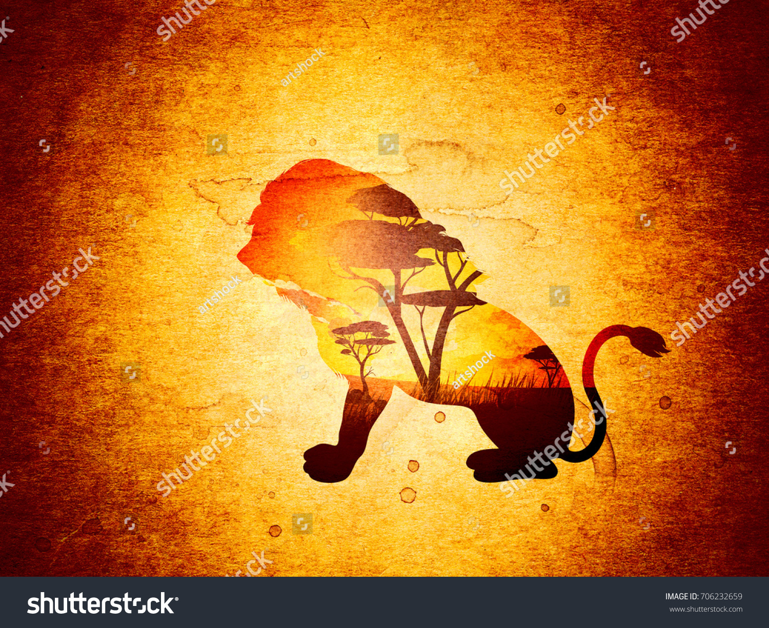 Colorful Sunset Scene African Landscape Silhouette Stock Illustration