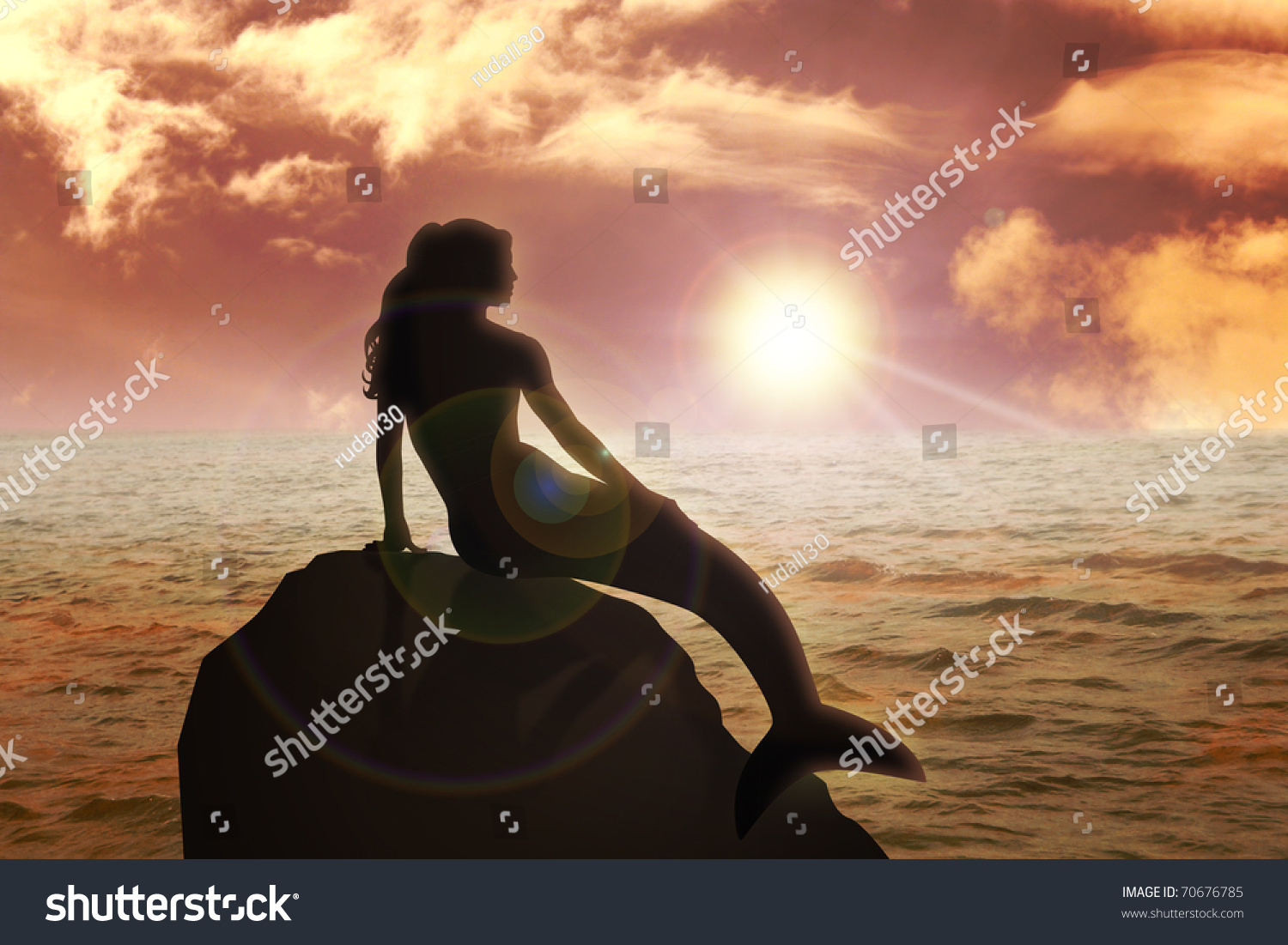 Mermaid Sitting On Rock During Sunset Stock Illustration 70676785