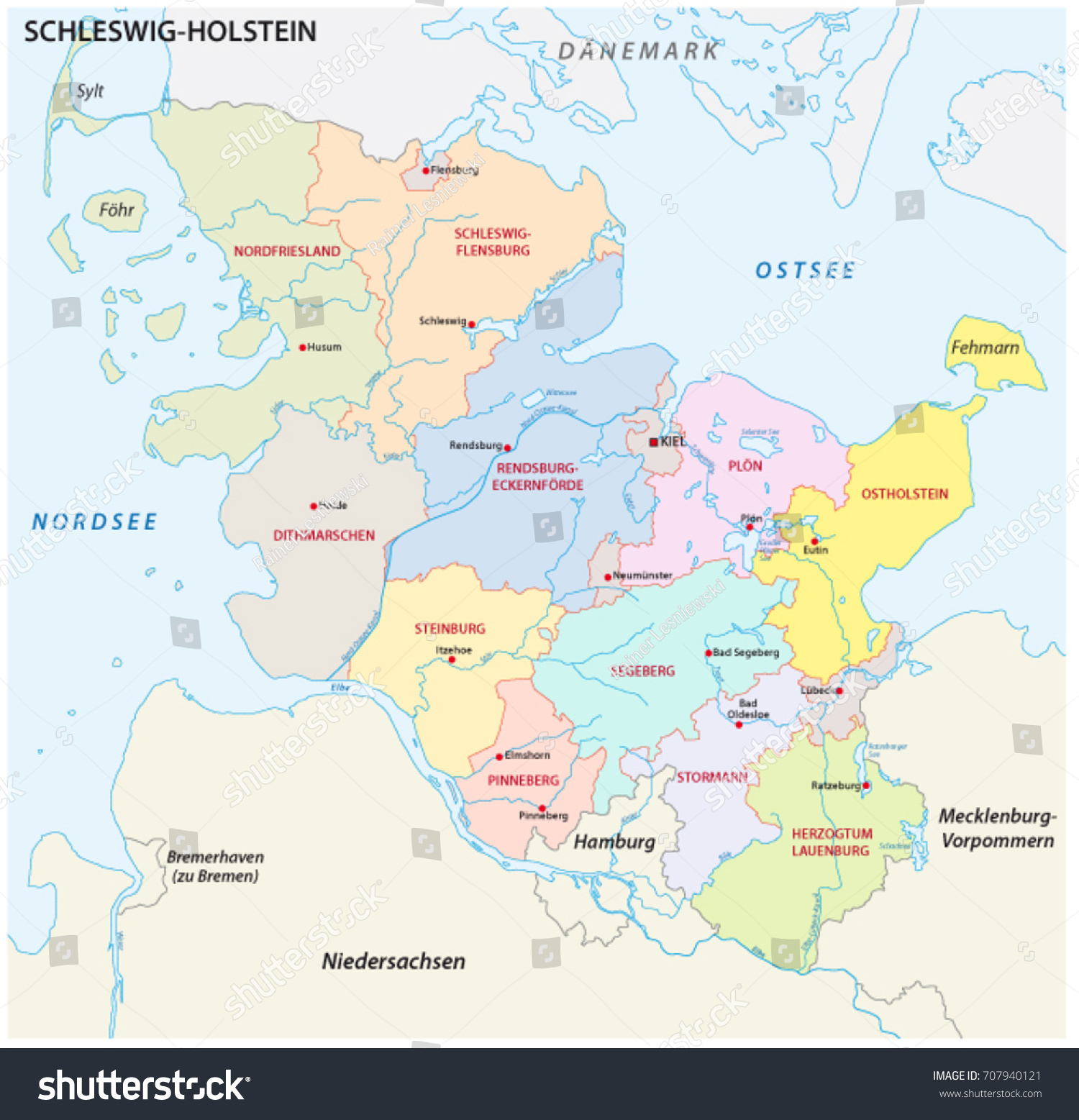 Schleswigholstein Administrative Political Map German Language Stock ...