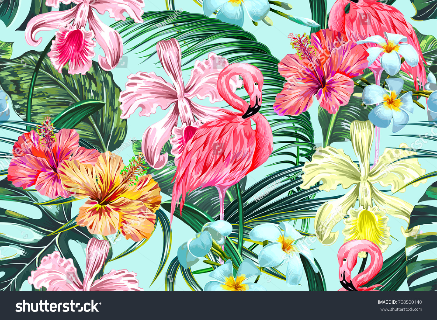 エキゾチックな花 ヤシの葉 ジャングルの葉 ハイビスカス ランの花 ピンクのフラミンゴスを持つ花柄のシームレスなベクター画像熱帯のパターン背景 ボタニカル壁紙 ハワイ風のイラトス のベクター画像素材 ロイヤリティフリー Shutterstock