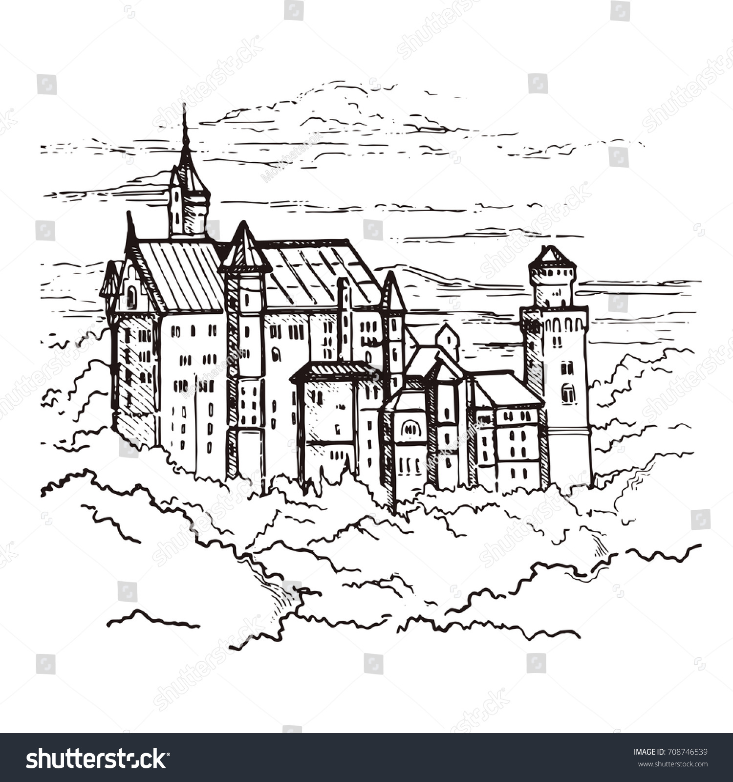 Munich Germany Neuschwanstein Castle Sketch Style Stock Vector (Royalty ...